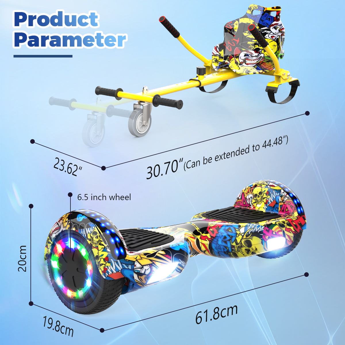 Gelbes Hoverboard mit Abmessungen. Text und Maße sind angegeben. Design: Schädel und Graffiti.