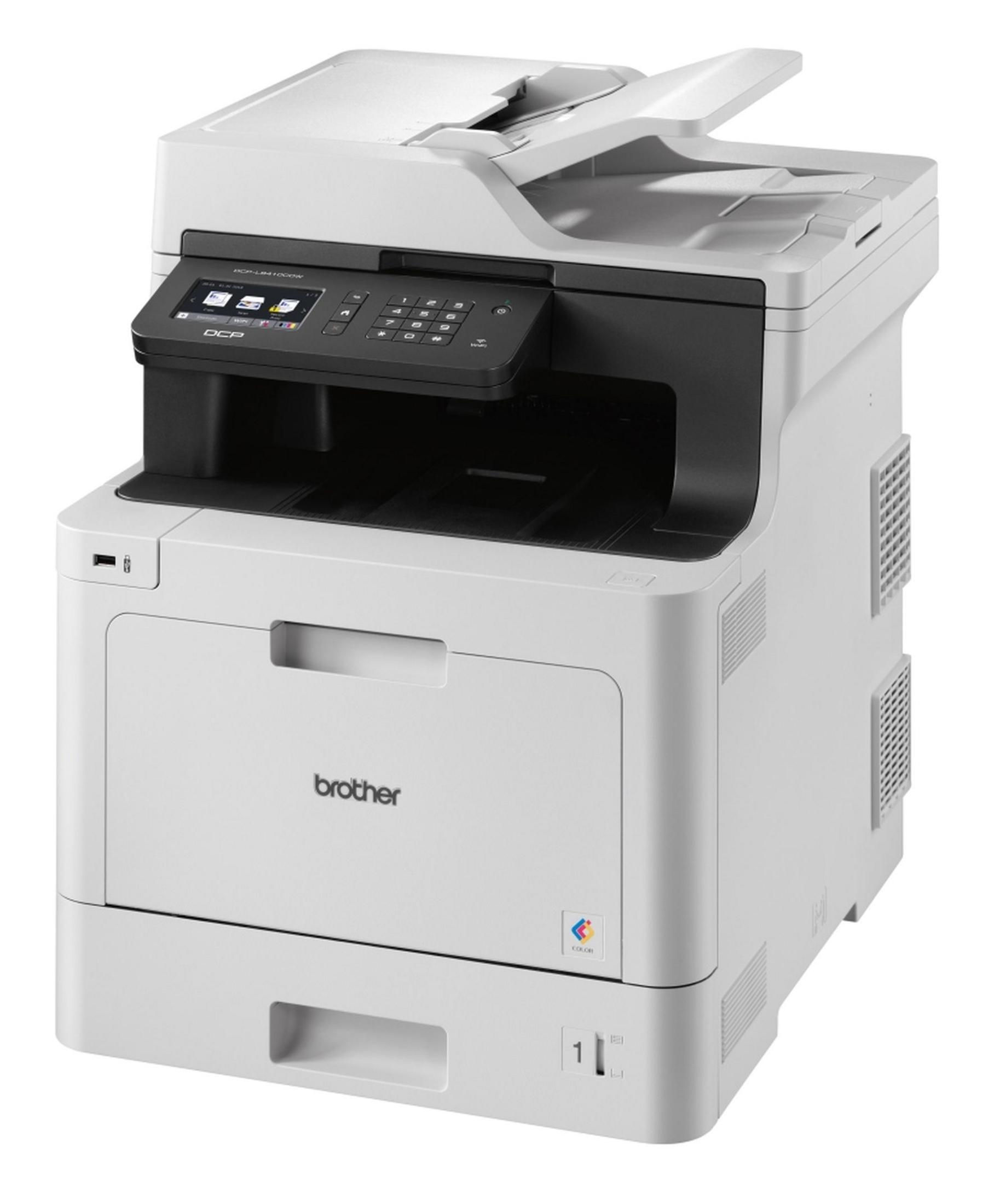 Weißer und schwarzer Brother-Drucker. Oben offen. Bedienfeld.