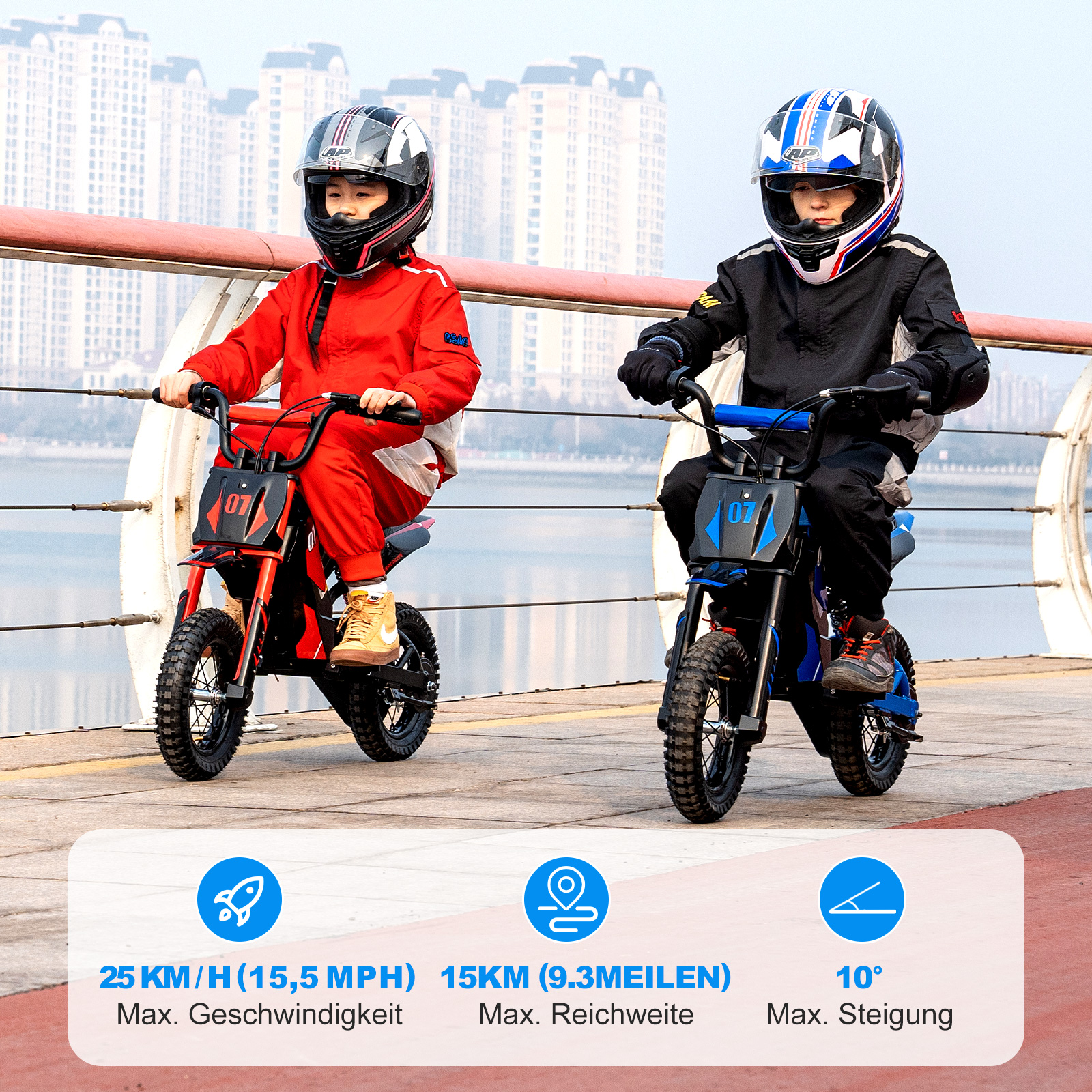 Zwei Kinder auf Mini-Motorrädern, mit Symbolen für Geschwindigkeit, Distanz und Steigung.