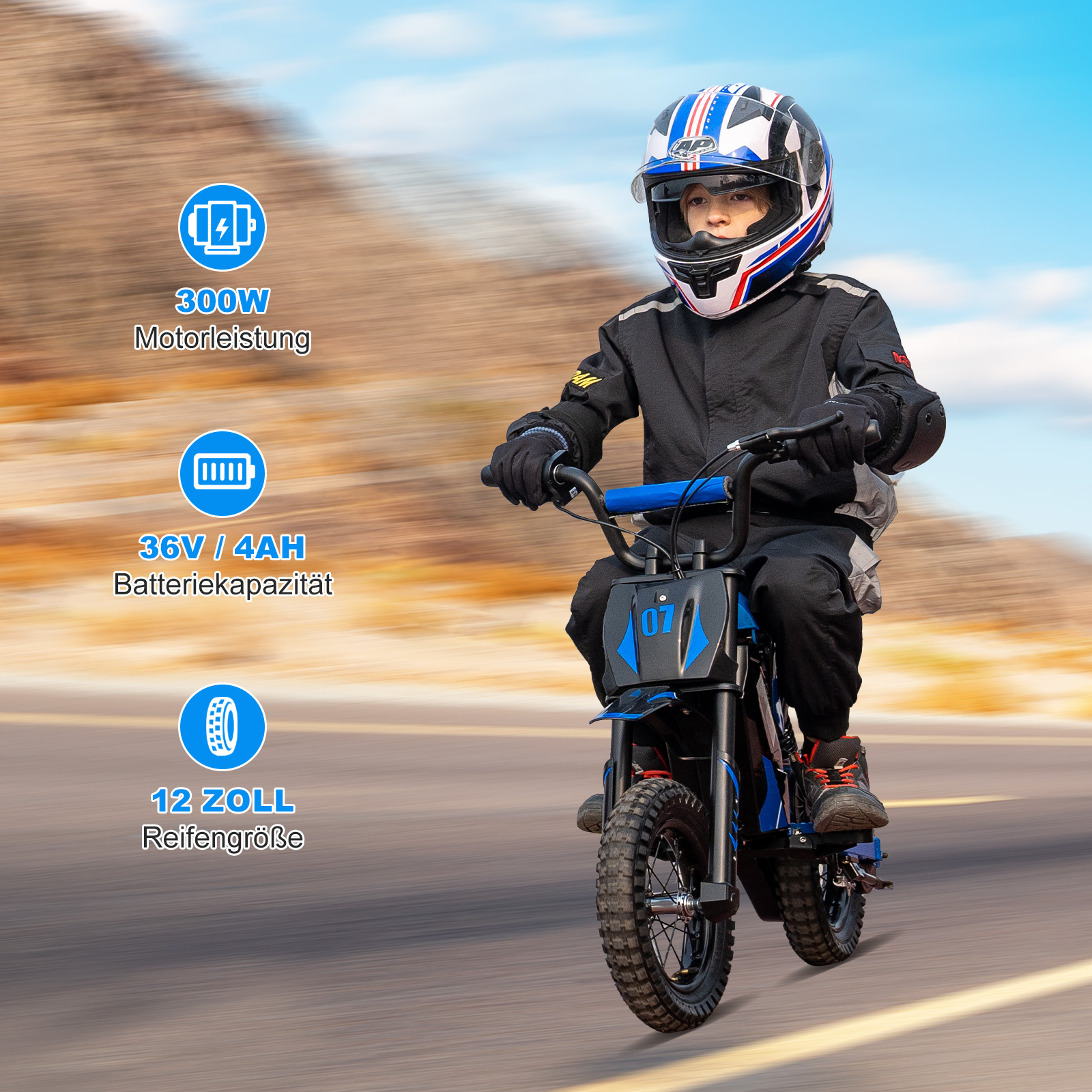 Ein Junge fährt ein Mini-Motorrad. Grafiken zeigen Spezifikationen: 300W Motor, 36V/4AH Akku und 12-Zoll-Reifen.