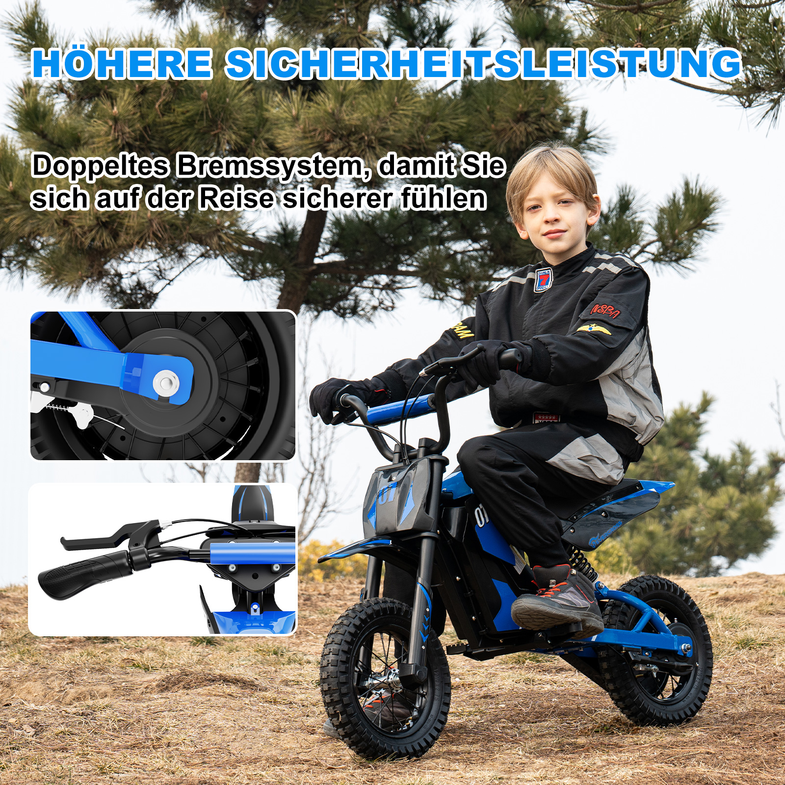 Ein junger Junge auf einem blau-schwarzen Elektromotorrad, mit dem Text 'HÖHERE SICHERHEITSLEISTUNG'.
