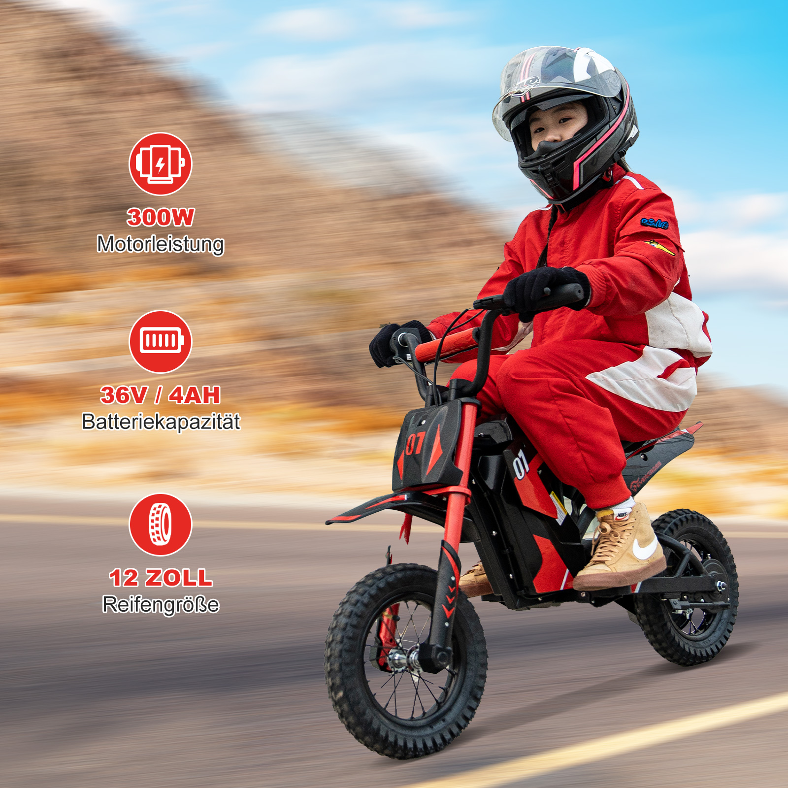 Kind fährt rotes und schwarzes Elektro-Dirtbike. Text zeigt 300W Motor, 36V/4Ah Akku und 12-Zoll Reifen.