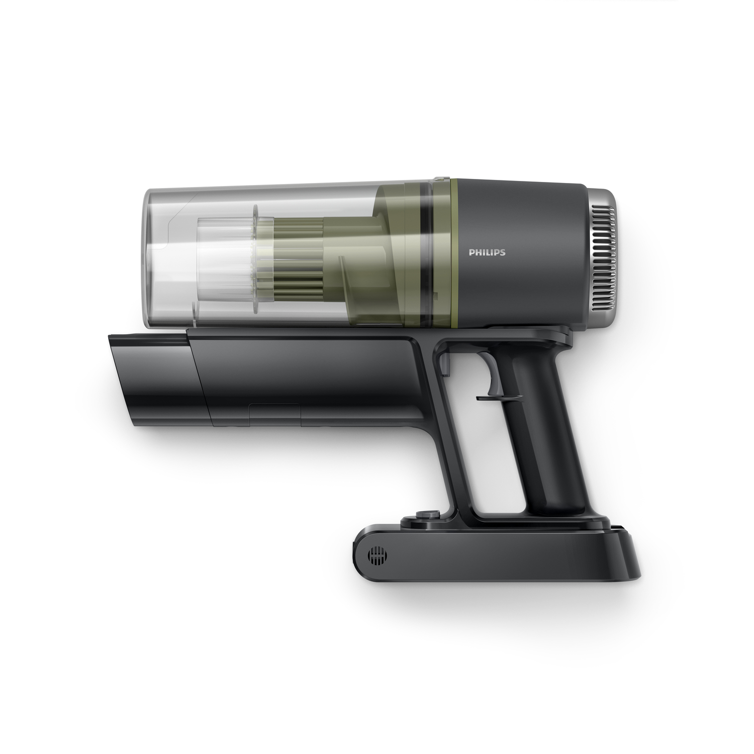Una aspiradora de mano gris oscuro con un recipiente de polvo transparente y la marca "PHILIPS".