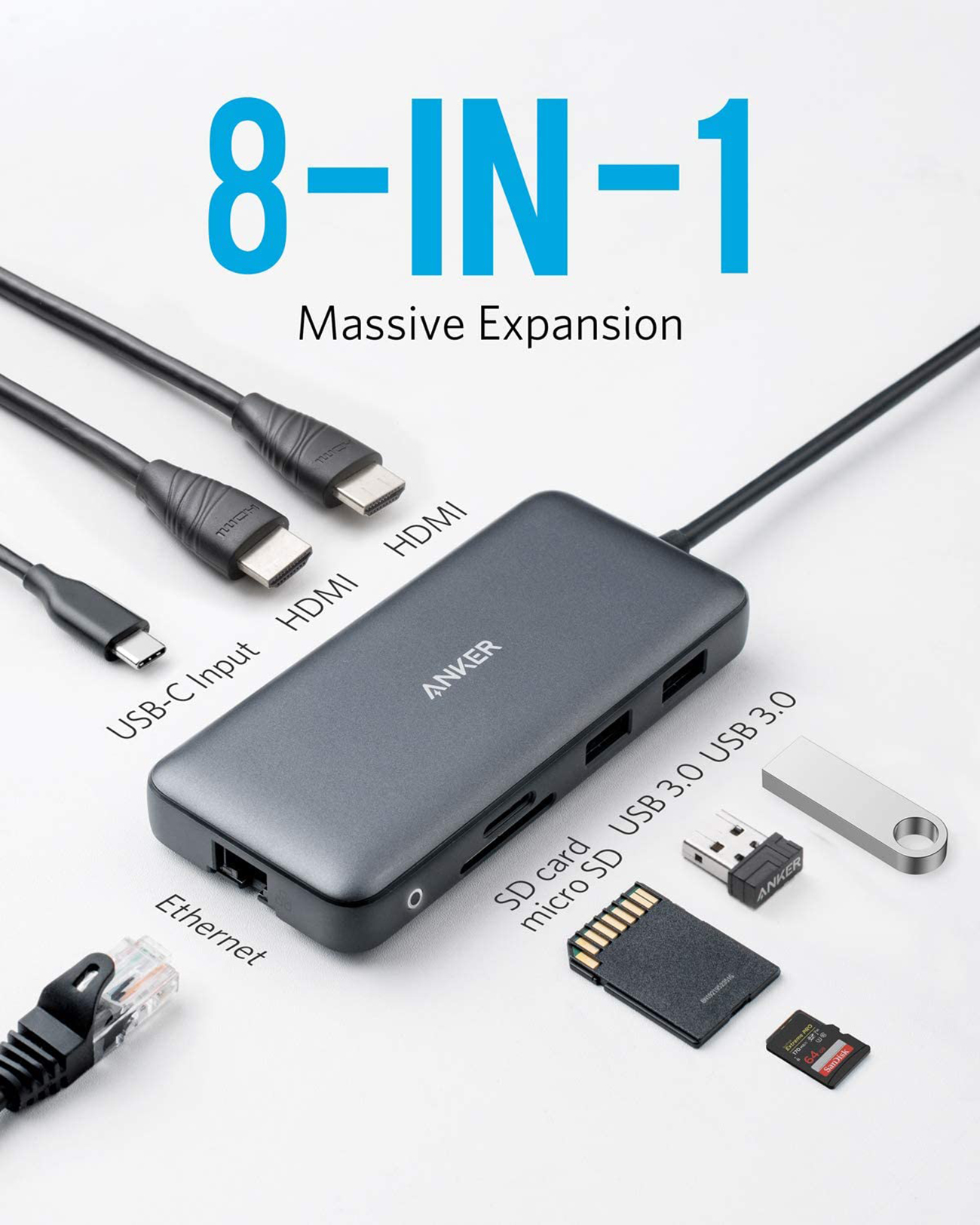 Ein 8-in-1-Adapter mit USB-C-, HDMI-, Ethernet- und USB-Anschlüssen auf weißem Hintergrund.