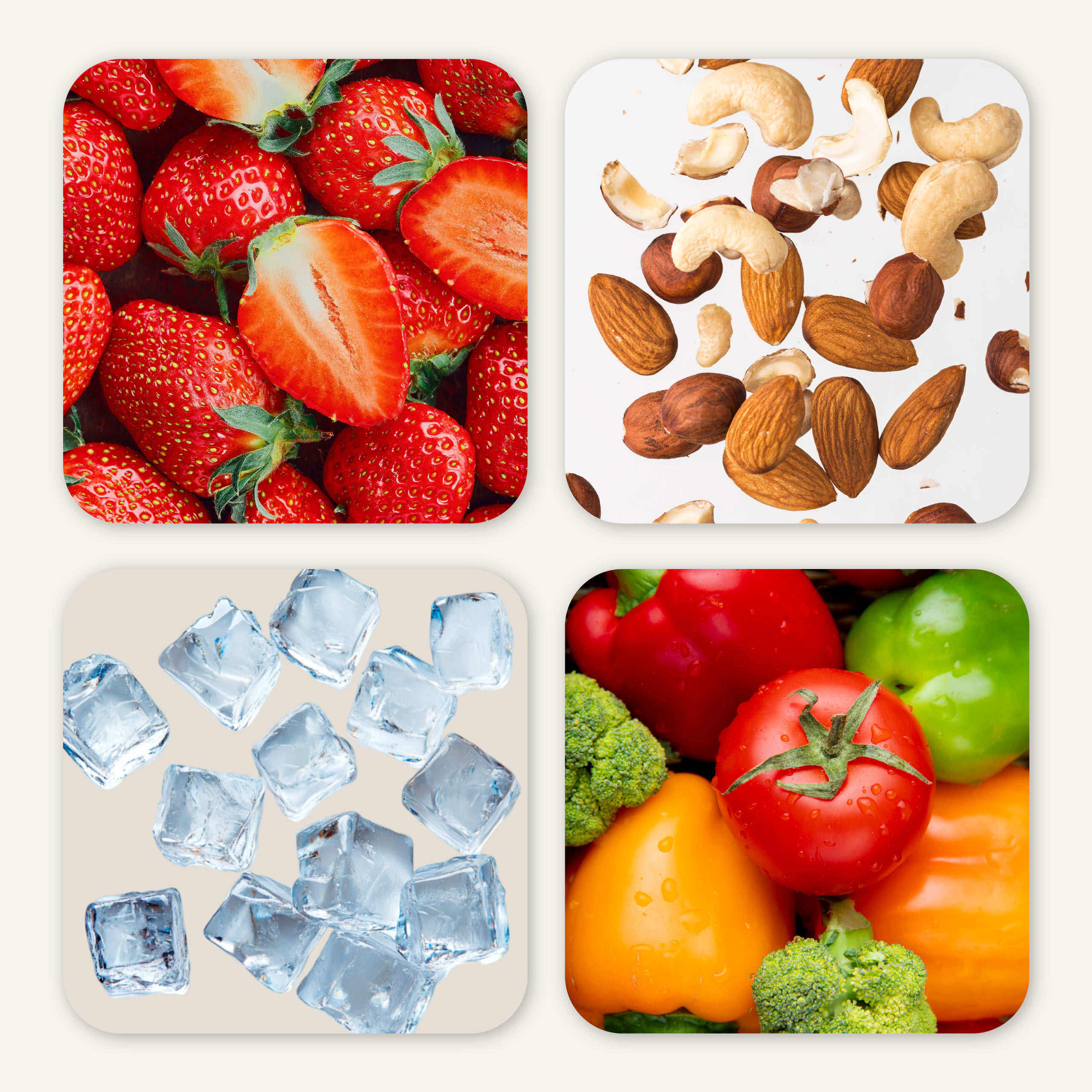 Cztery panele z truskawkami, orzechami, kostkami lodu i warzywami, takimi jak pomidory, papryka i brokuły.