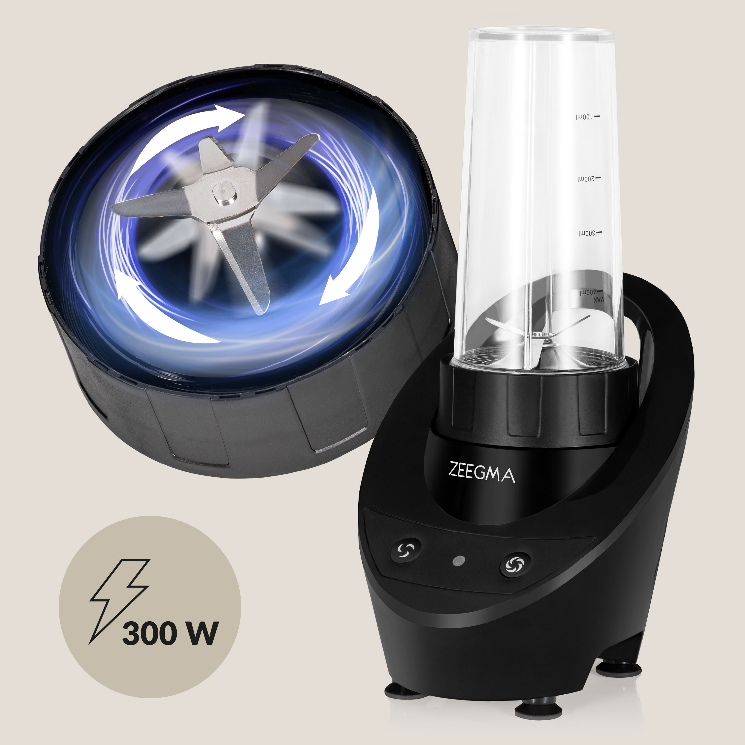 Czarny blender z przezroczystym dzbanem. Pokazuje ostrze ze strzałkami wskazującymi kierunek mieszania.