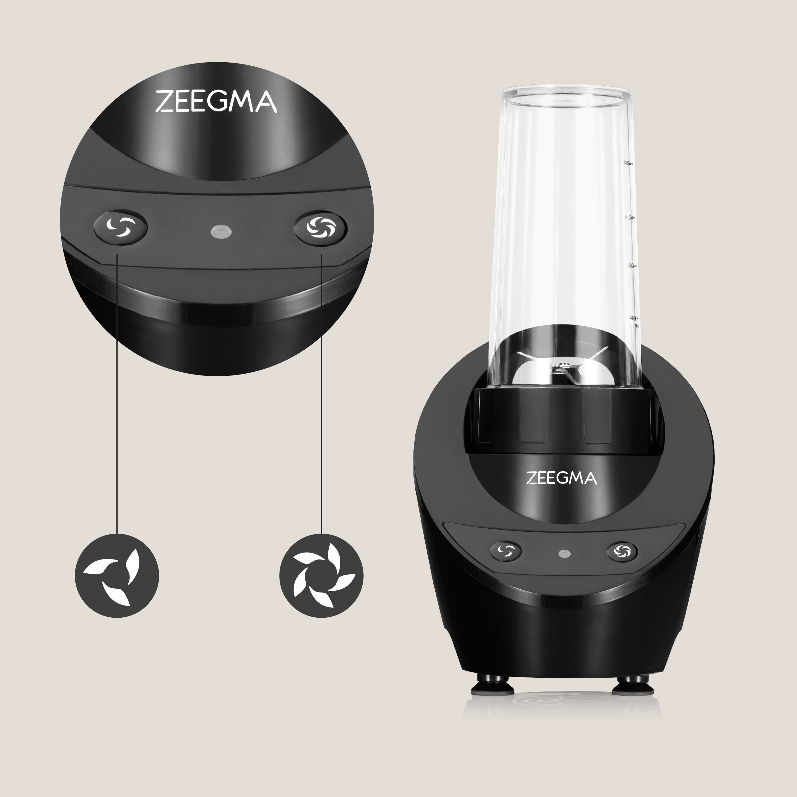 Czarny blender Zeegma z przezroczystym pojemnikiem i przyciskami.