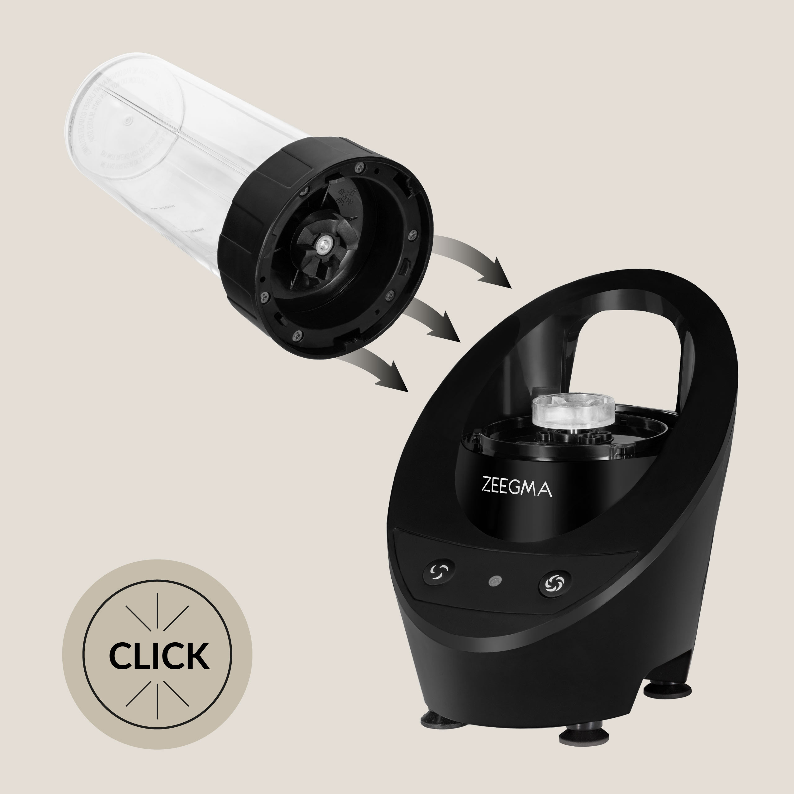 Czarny blender w trakcie montażu, pokazujący dwie części wyrównujące się ze strzałkami i tekstem 'CLICK'.