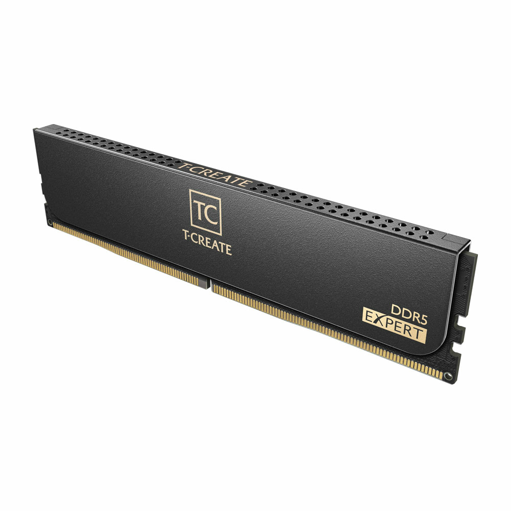 Schwarzer DDR5 Expert RAM-Riegel mit goldenem Text und dem TC T-CREATE Logo.