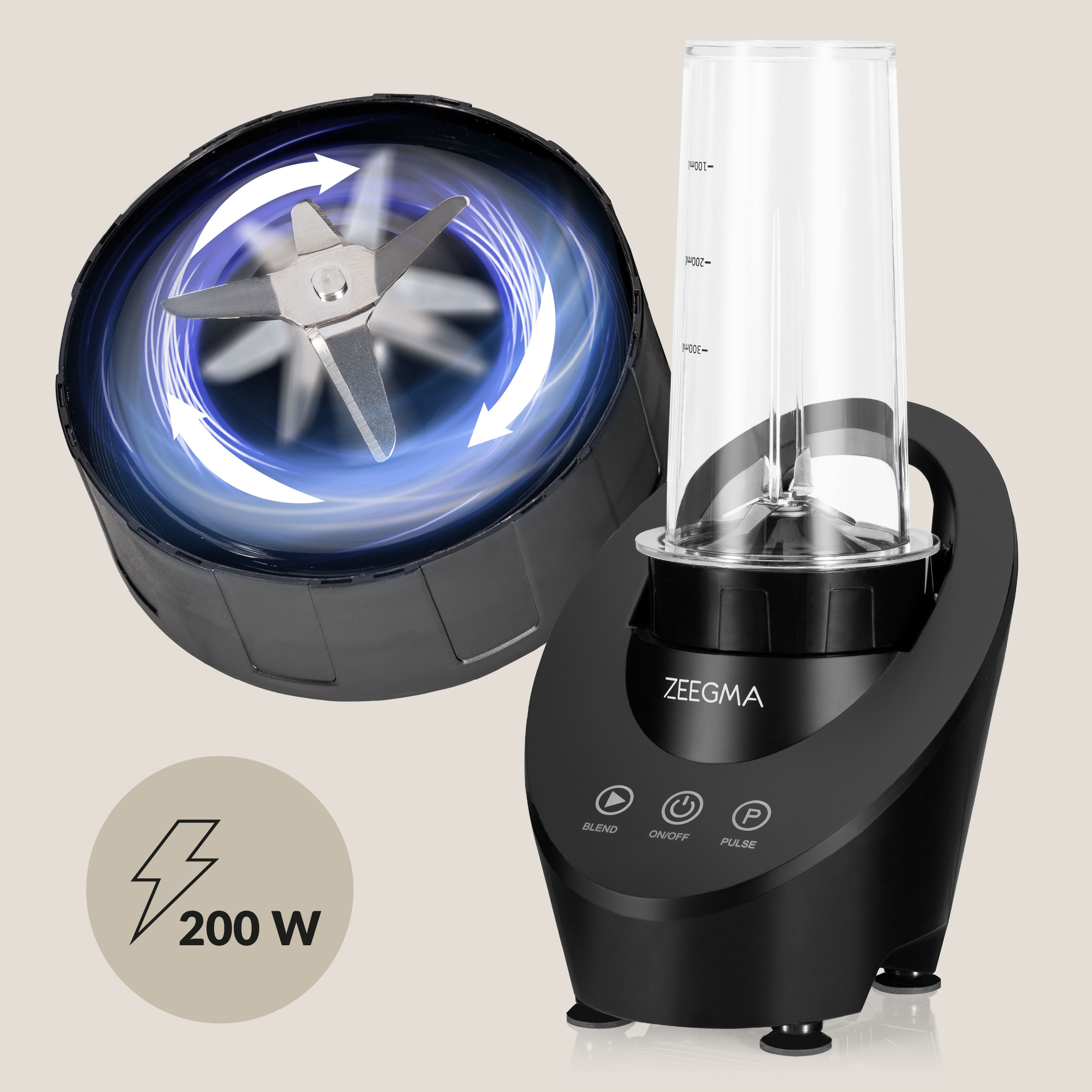 Czarny blender z obracającym się ostrzem w osobnym pojemniku. Moc 200W.
