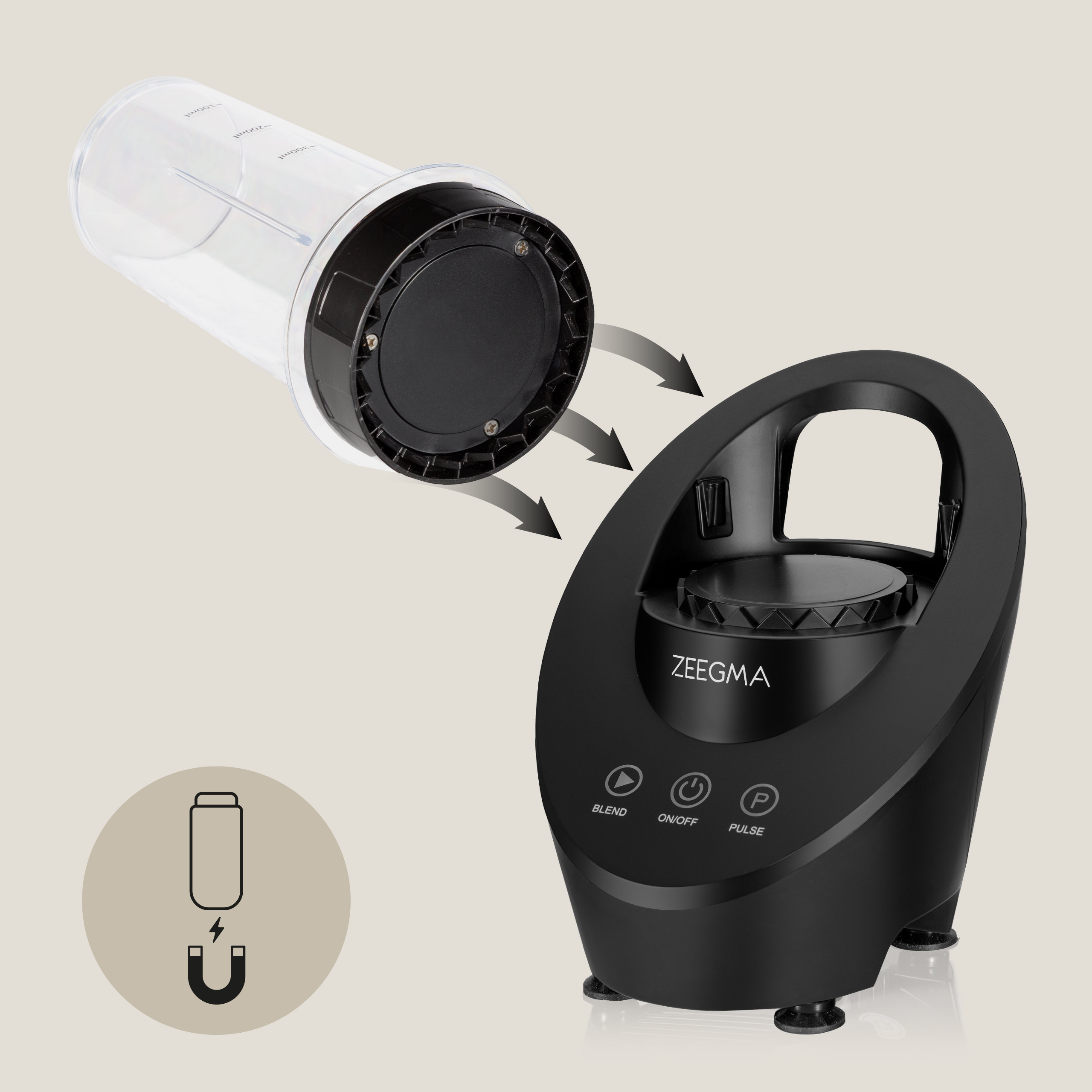 Blender z odłączonym pojemnikiem i podstawą z przyciskami.