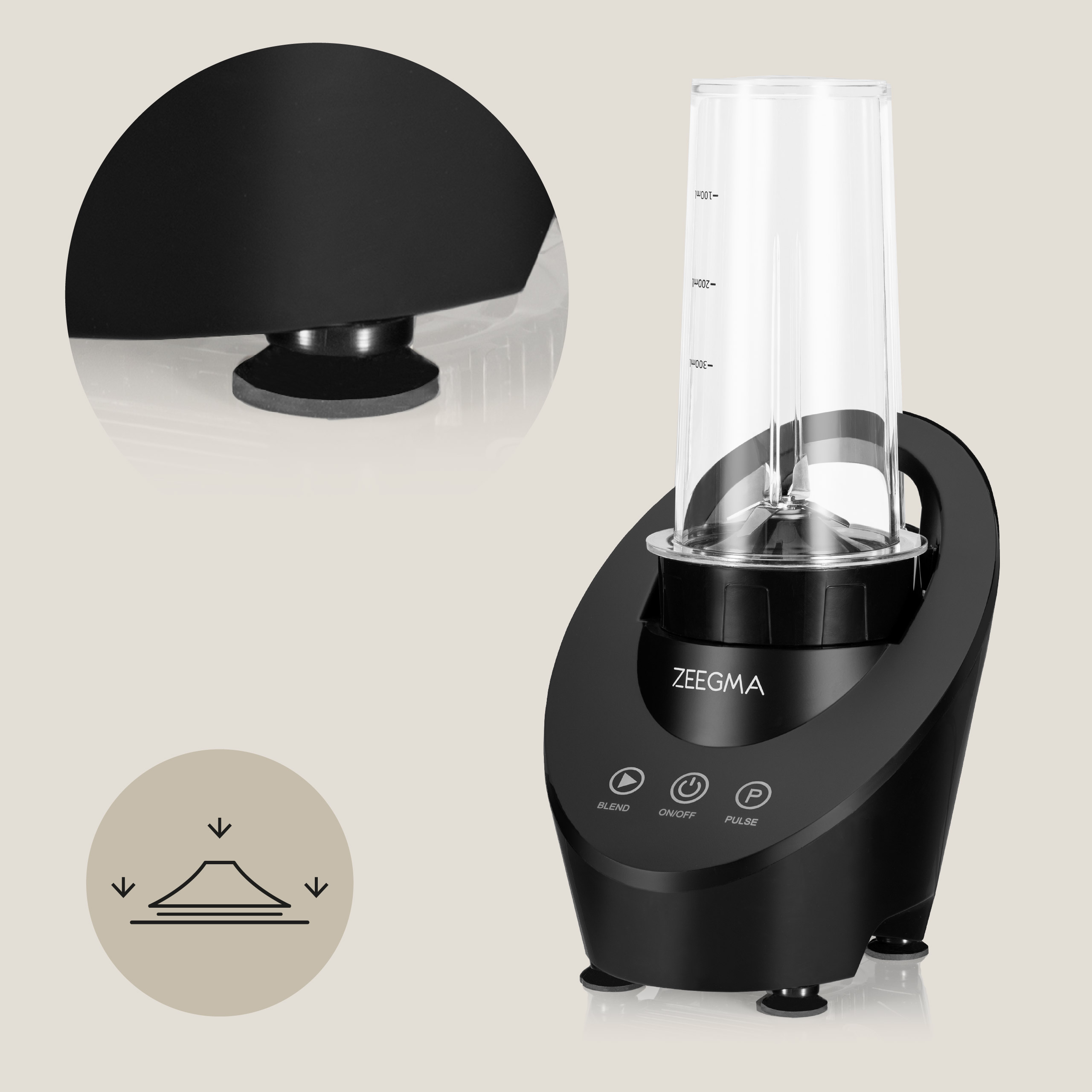 Czarny blender z przezroczystym dzbankiem, z bliskim ujęciem podstawy. Białe tło z efektem rozmycia.