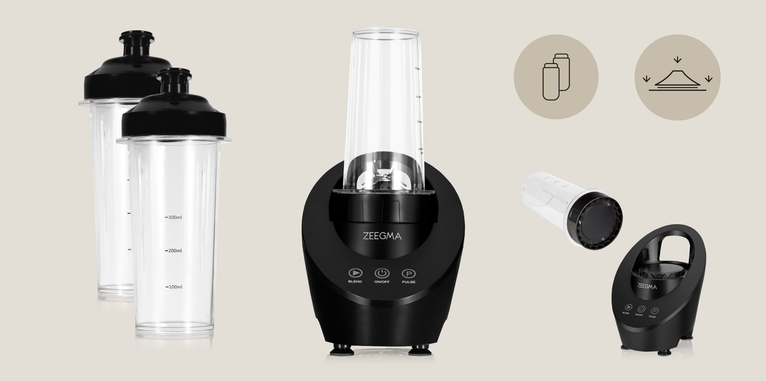 Czarny blender z dwiema pustymi butelkami i zdjęciami komponentów.