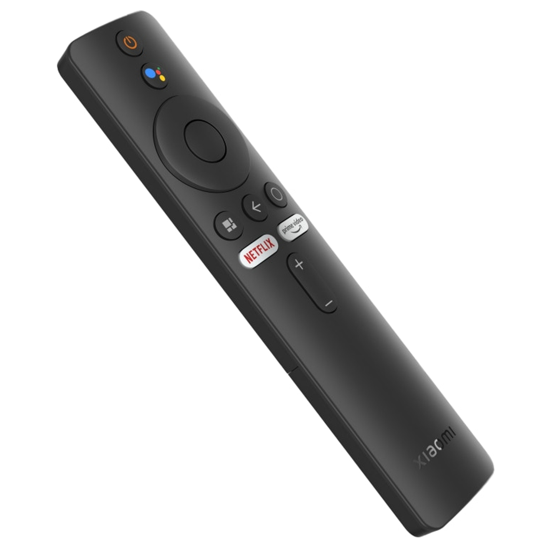 Un mando a distancia Xiaomi negro con varios botones, incluidos controles de Netflix y volumen, sobre un fondo blanco.