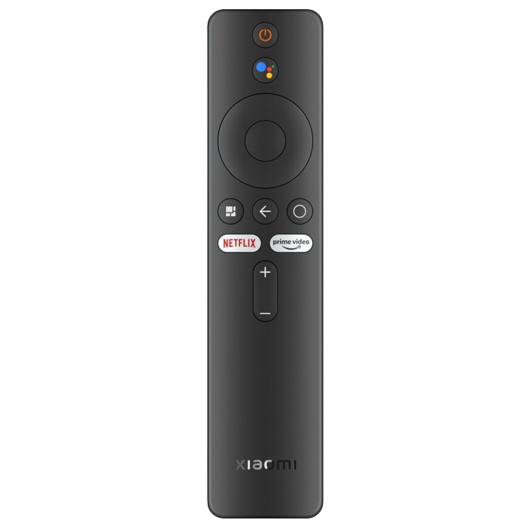 Mando a distancia negro de Xiaomi con botones de encendido, Google Assistant y Netflix.