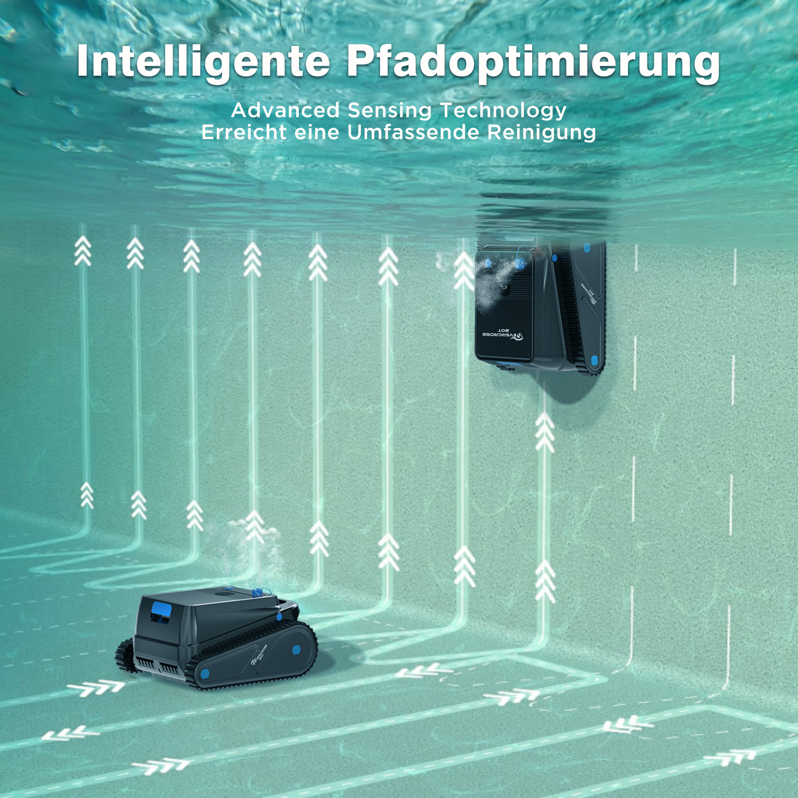 Unterwasserszene mit zwei Robotern, die einen Pool reinigen, mit Richtungspfeilen.