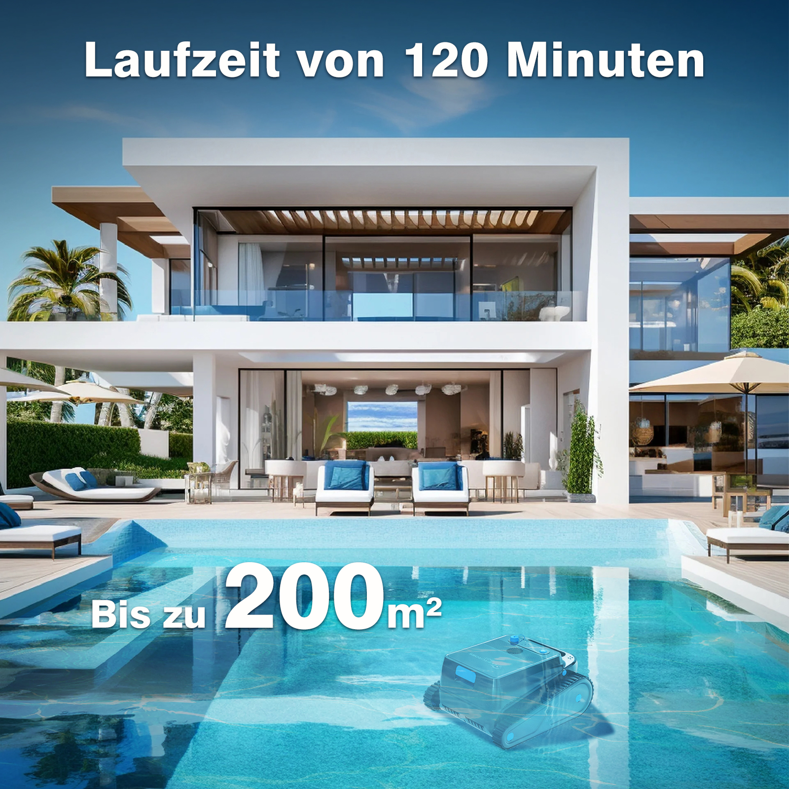 Poolreiniger in einem Pool. Text: Laufzeit von 120 Minuten. Bis zu 200m².