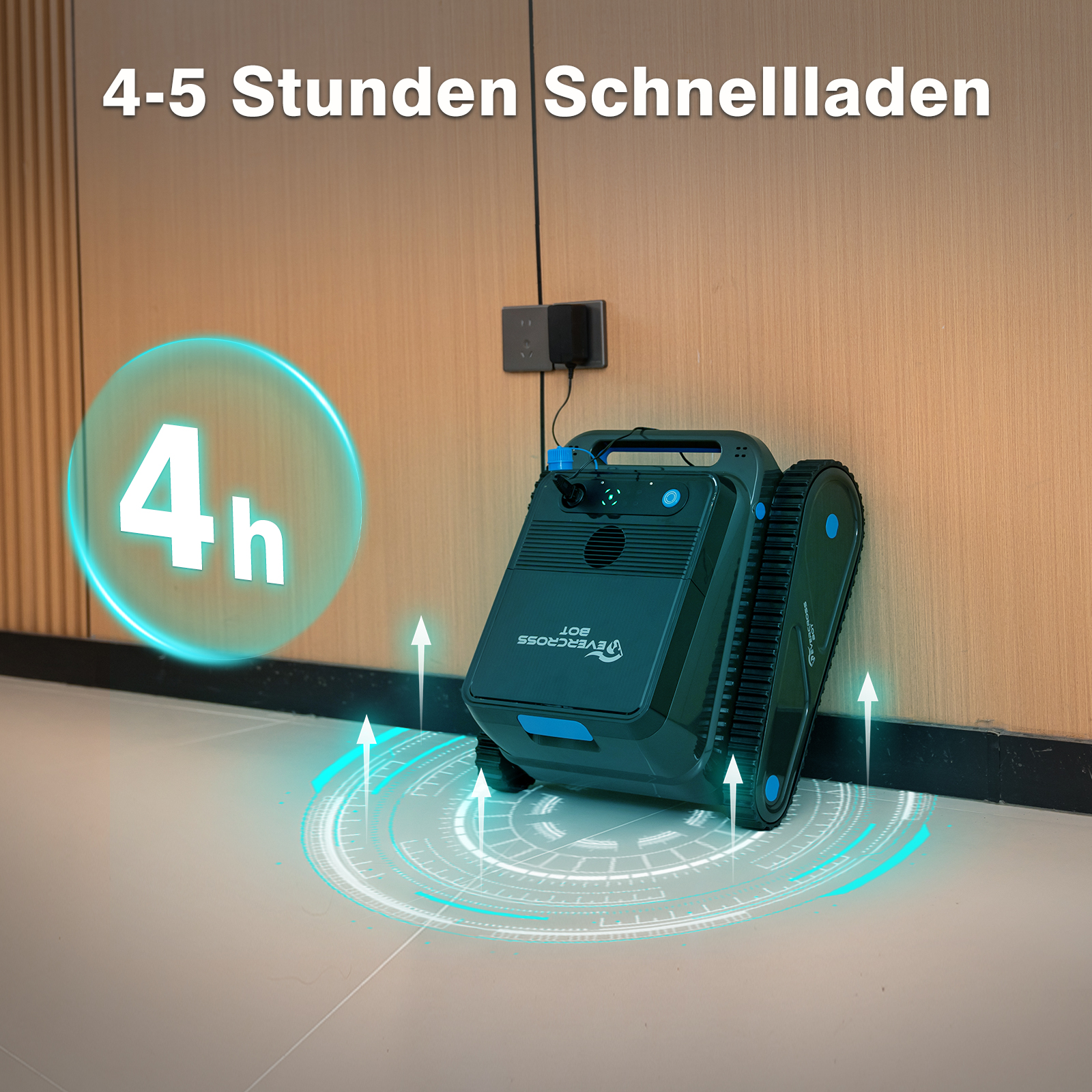 Ein dunkelgrüner Roboter-Staubsauger lädt in der Nähe einer Wand auf. Das Bild hat Text und Pfeile.