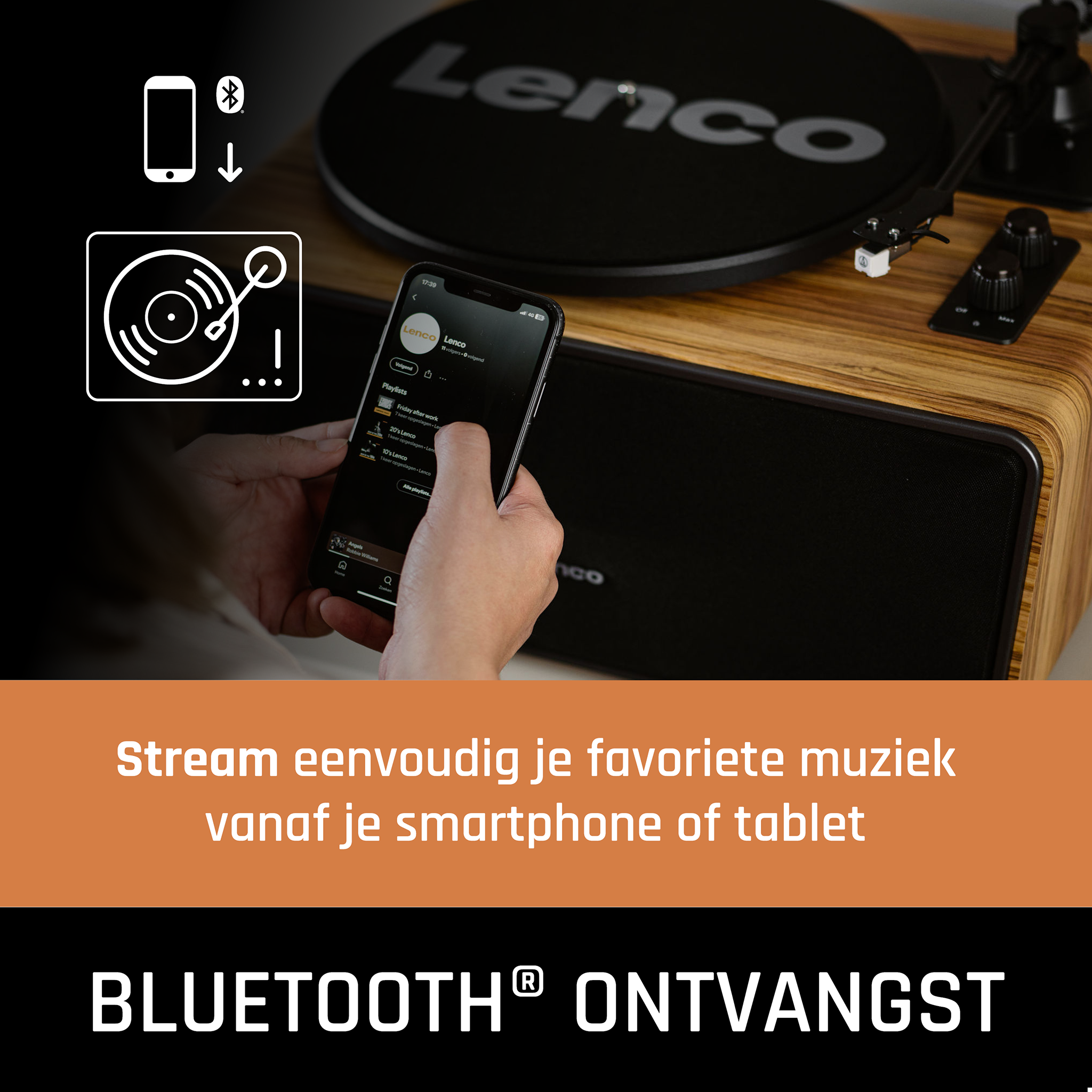 A person using a smartphone to stream music from a turntable. Text: Bluetooth reception.