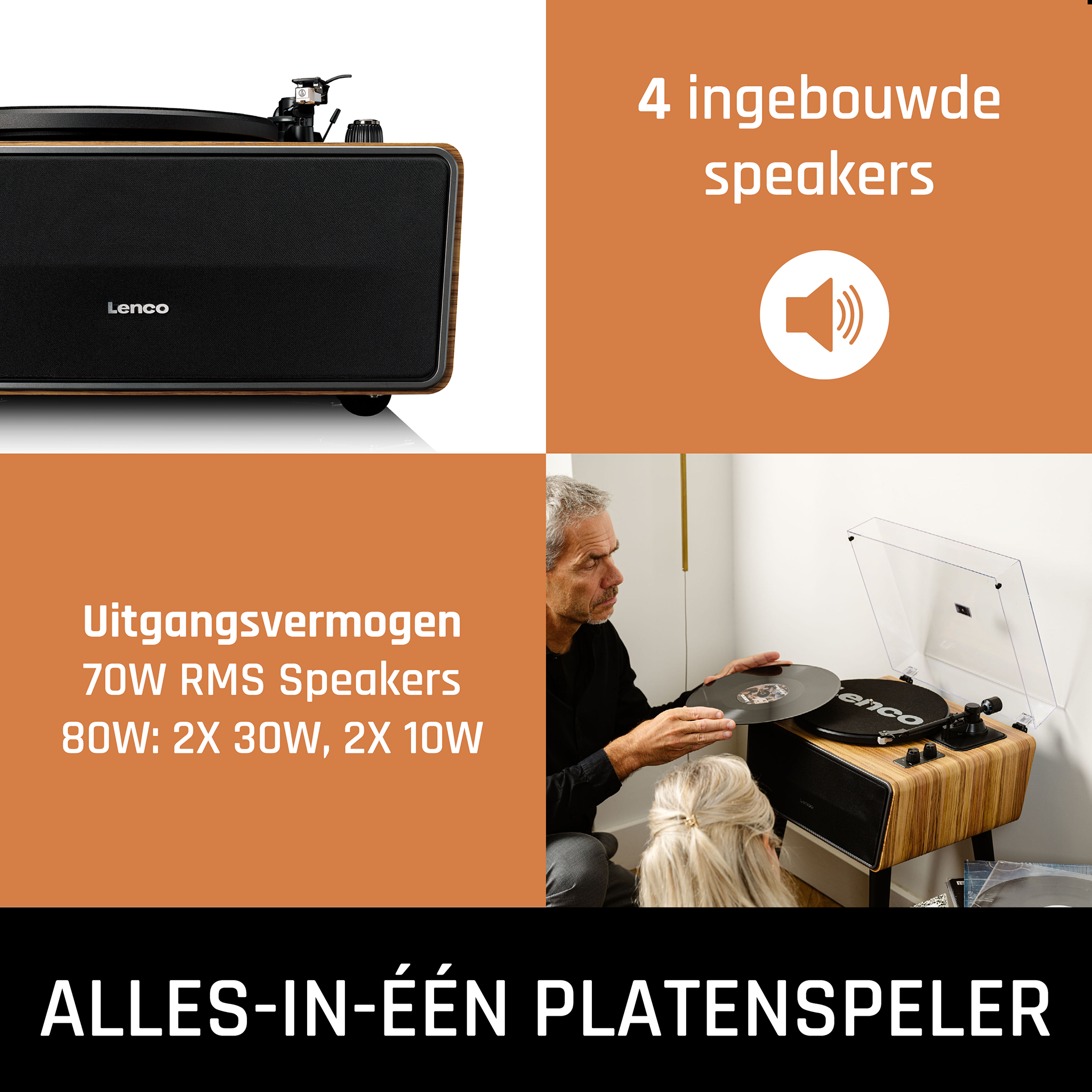 Turntable with speakers, output: 70W RMS, 80W: 2x30W, 2x10W, and two people.