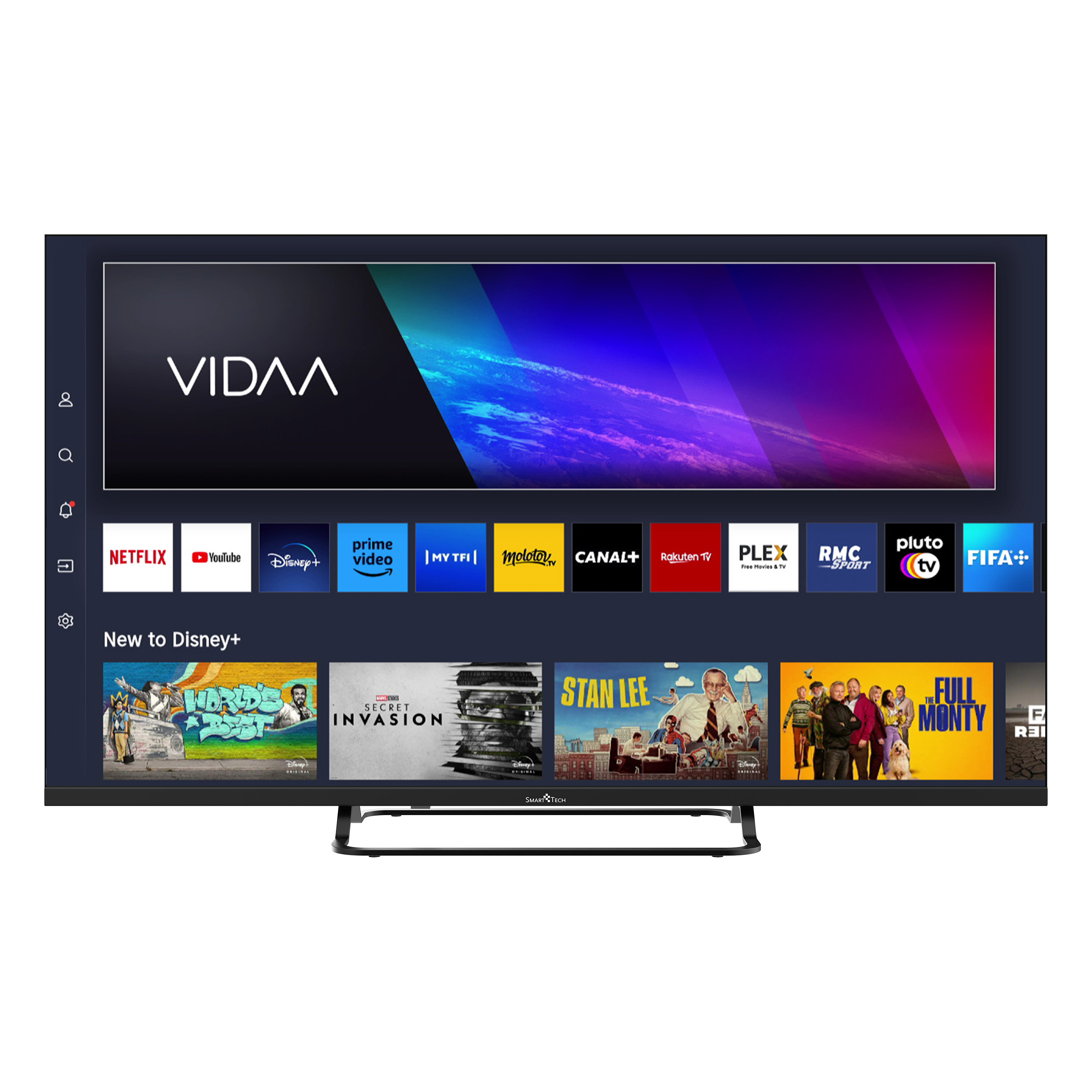 Duży telewizor z płaskim ekranem wyświetlający ikony aplikacji do strumieniowania i programy. Telewizor jest czarny i stoi na stojaku.