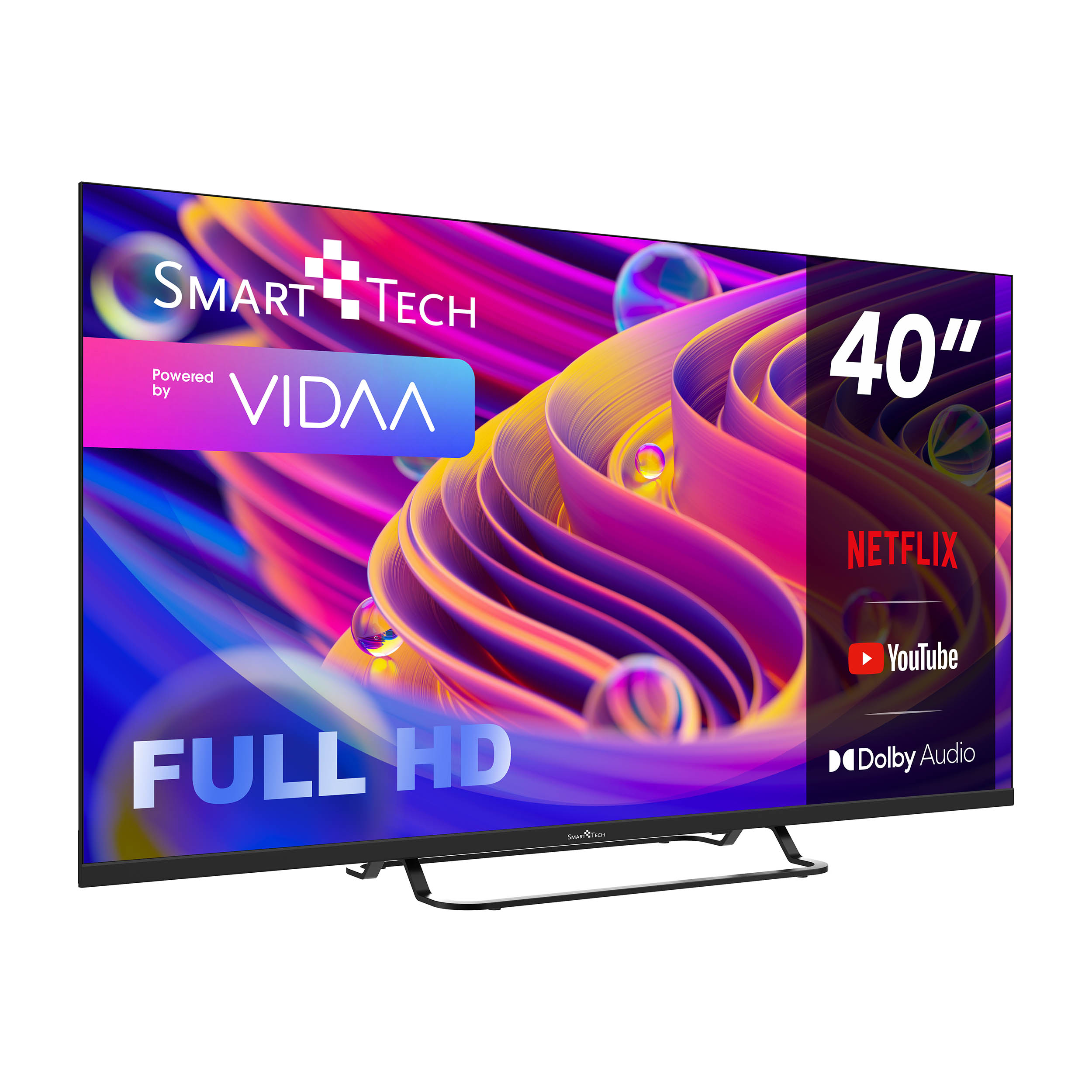 40-calowy telewizor Smart Tech z kolorowym ekranem, wyświetlający logo Netflix i YouTube.