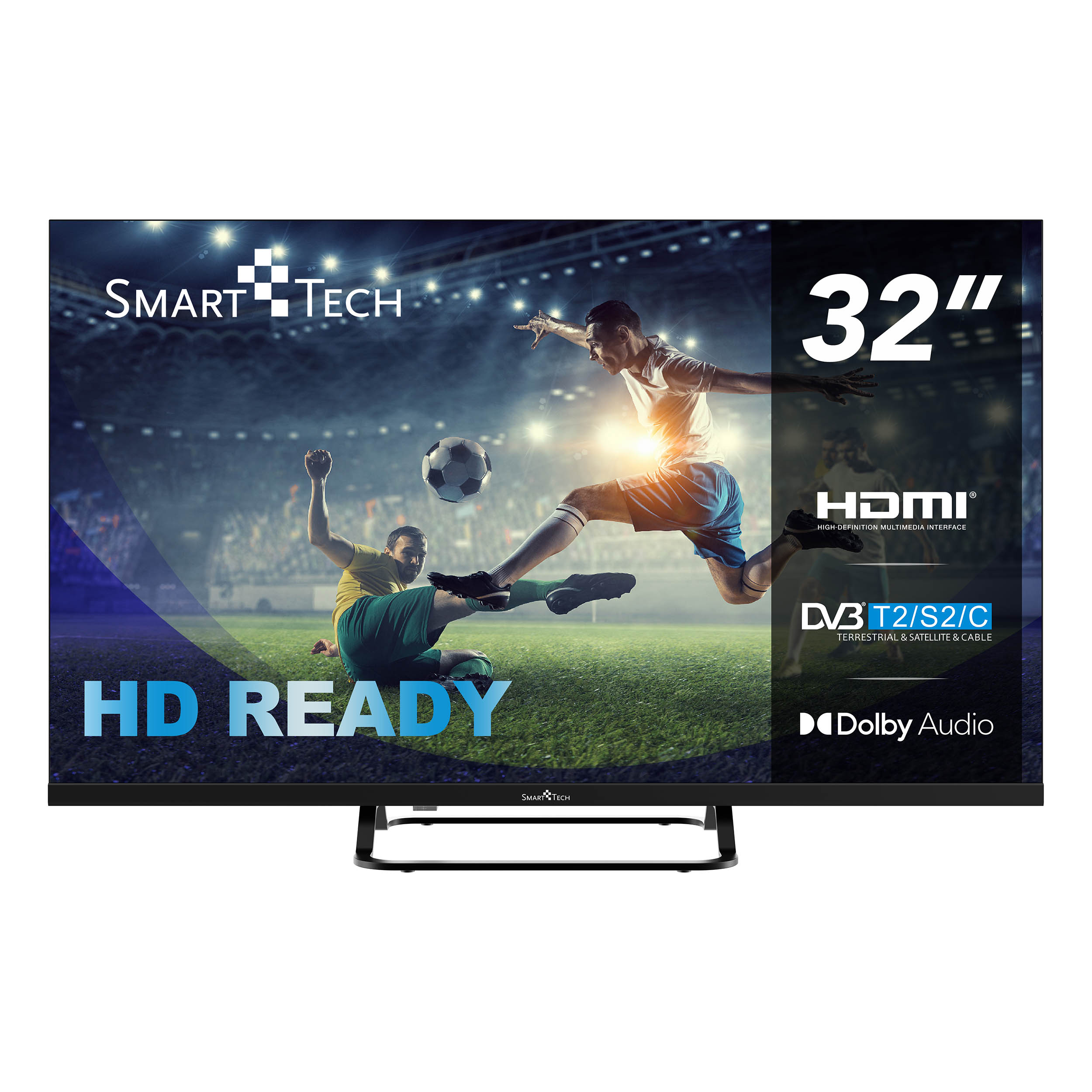 Una TV Smart Tech 32" nera con una partita di calcio sullo schermo. Etichetta HD Ready. Dolby Audio. Sfondo bianco.