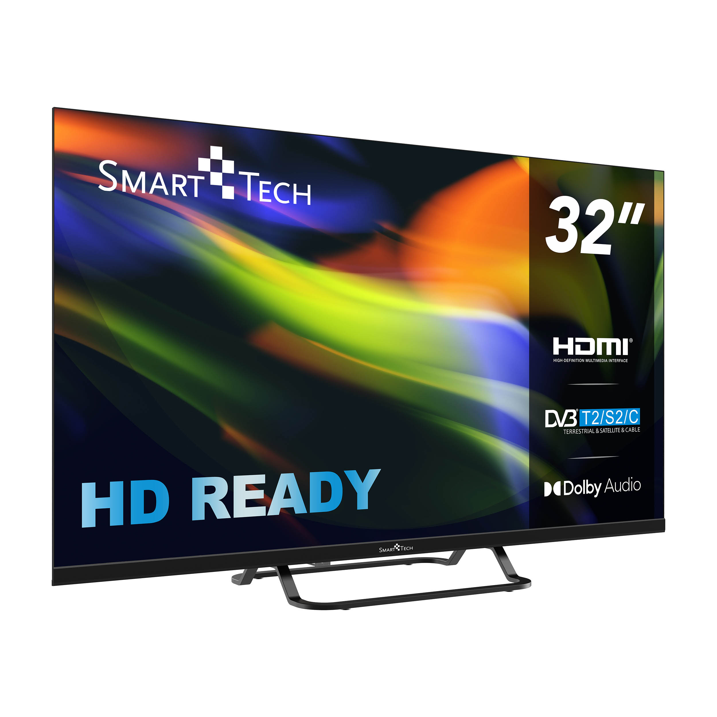 TV Smart Tech HD Ready da 32 pollici con sfondo colorato e supporto.