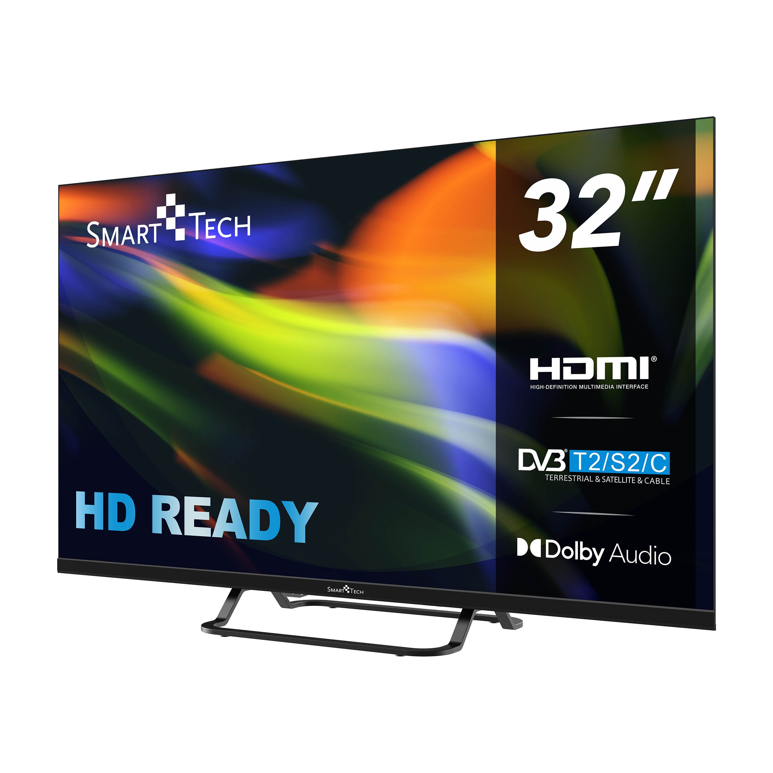 Smart Tech TV HD Ready 32" con cornice e supporto neri, che mostra il nome del marchio e le funzionalità.