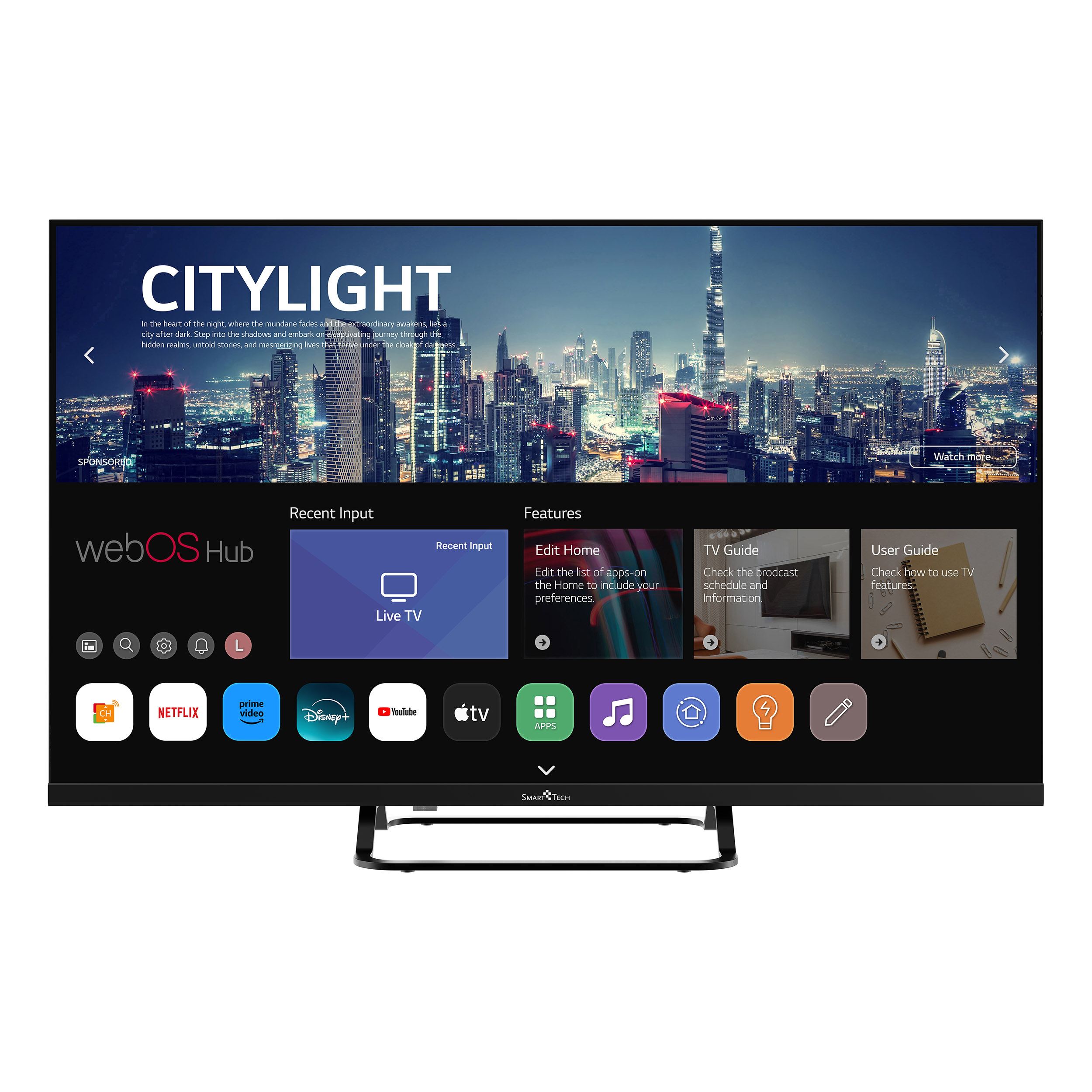 Telewizor z płaskim ekranem wyświetla krajobraz miejski. Ekran pokazuje menu z różnymi ikonami aplikacji i funkcjami.