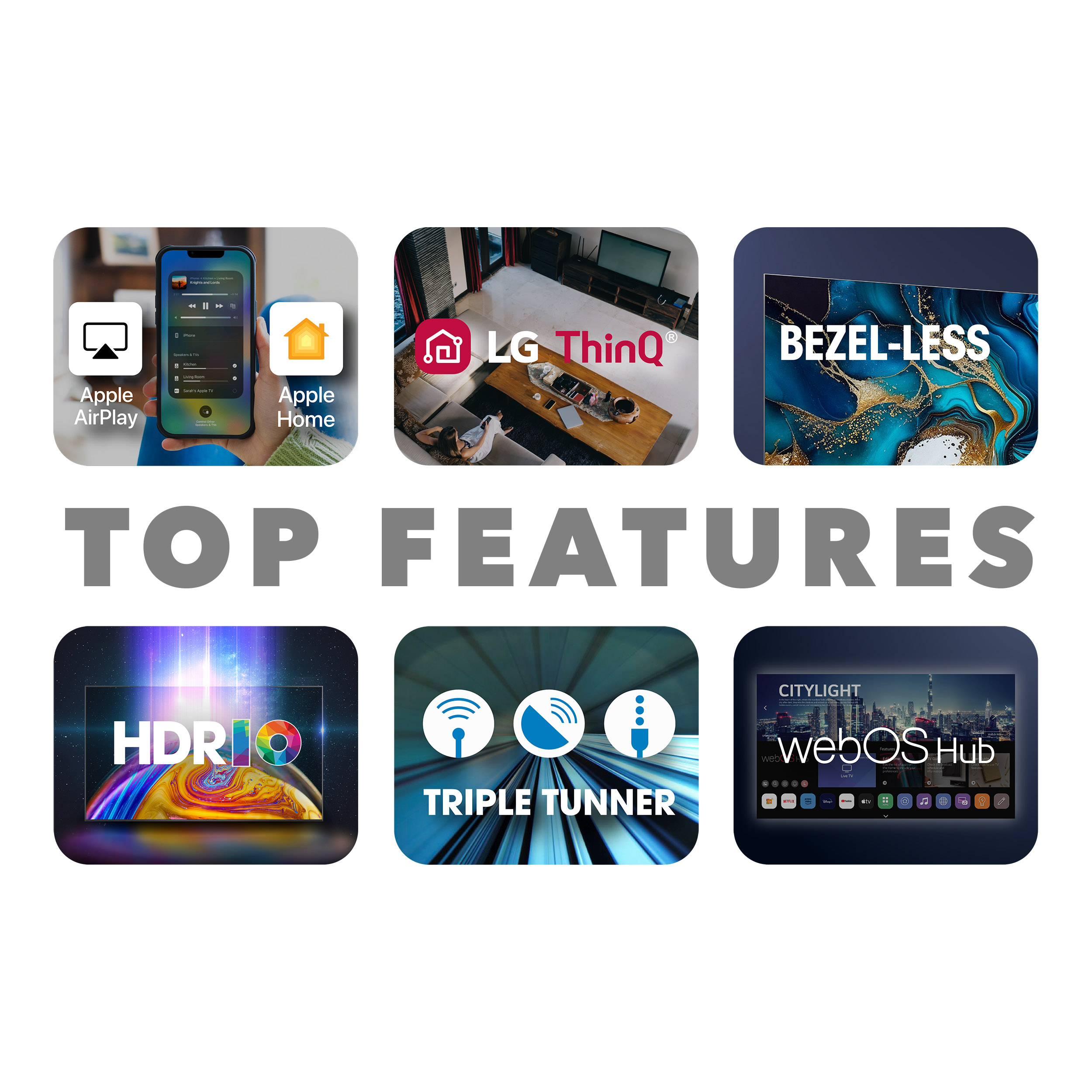 Kolaż funkcji TV: Apple AirPlay, LG ThinQ, design bez ramek, HDR, potrójny tuner i webOS Hub.