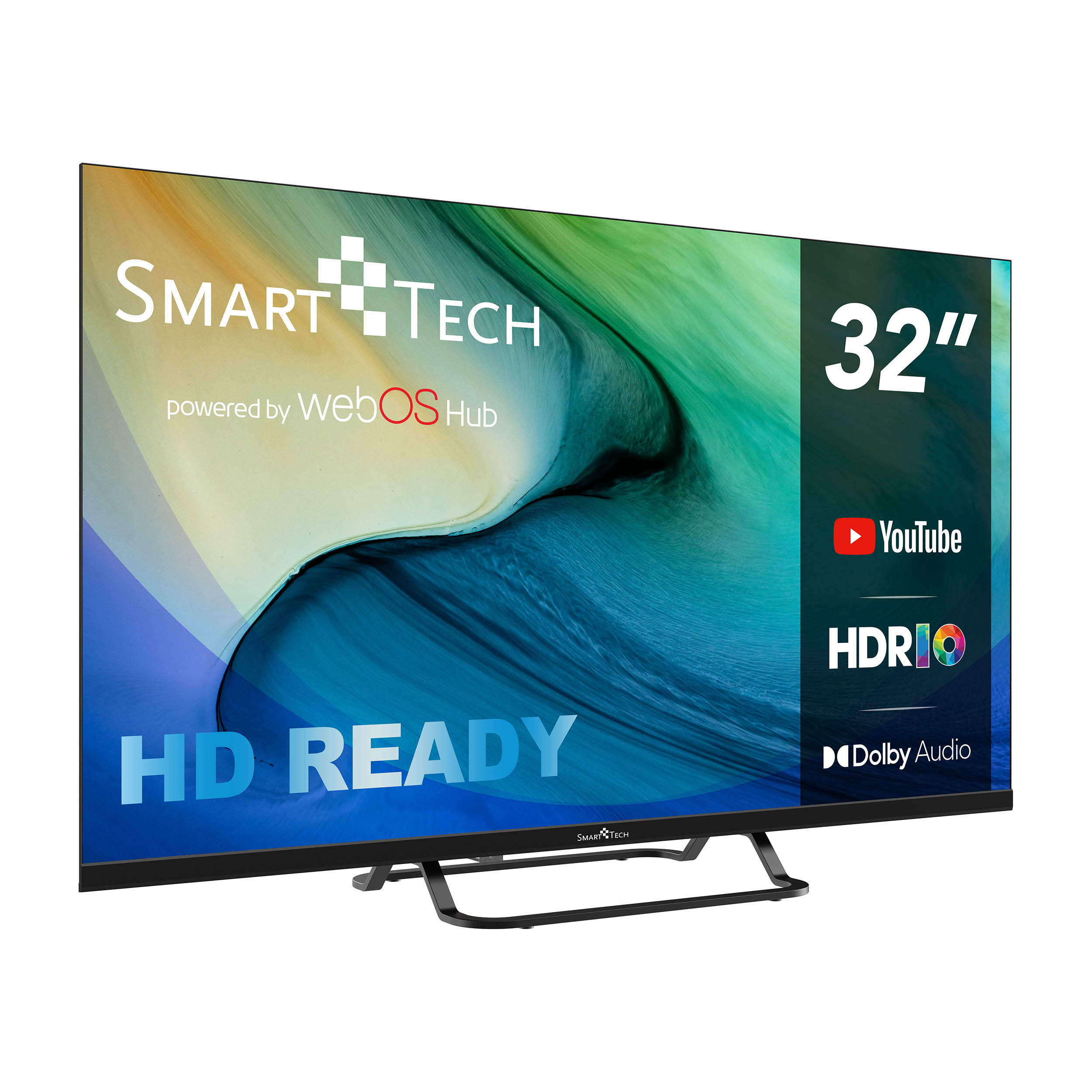 Telewizor Smart Tech 32" wyświetla kolorową scenę natury oraz logo YouTube, HDR10 i Dolby Audio.