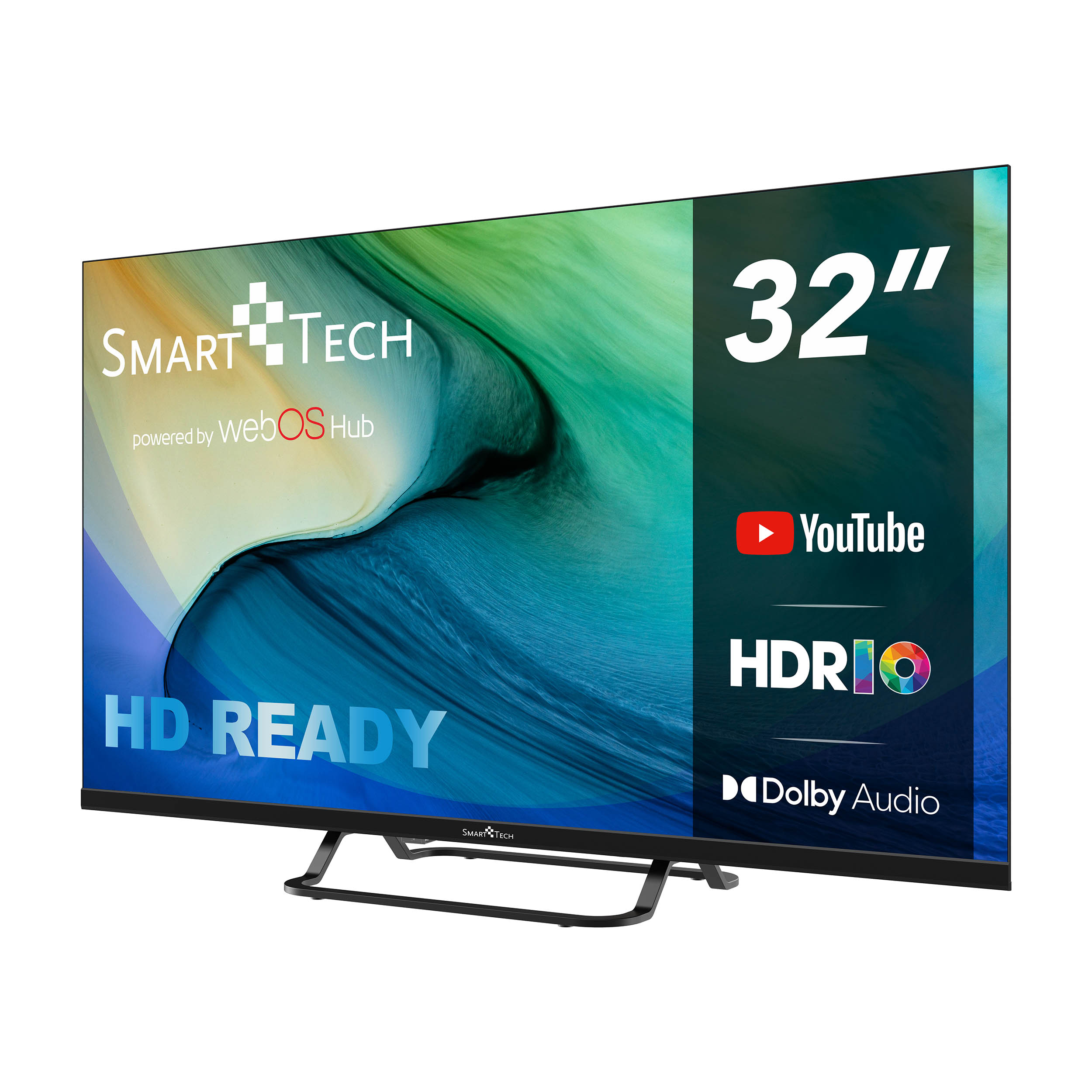 32-calowy telewizor Smart Tech ze słowami YouTube, HDR10 i Dolby Audio. Tekst: HD READY.