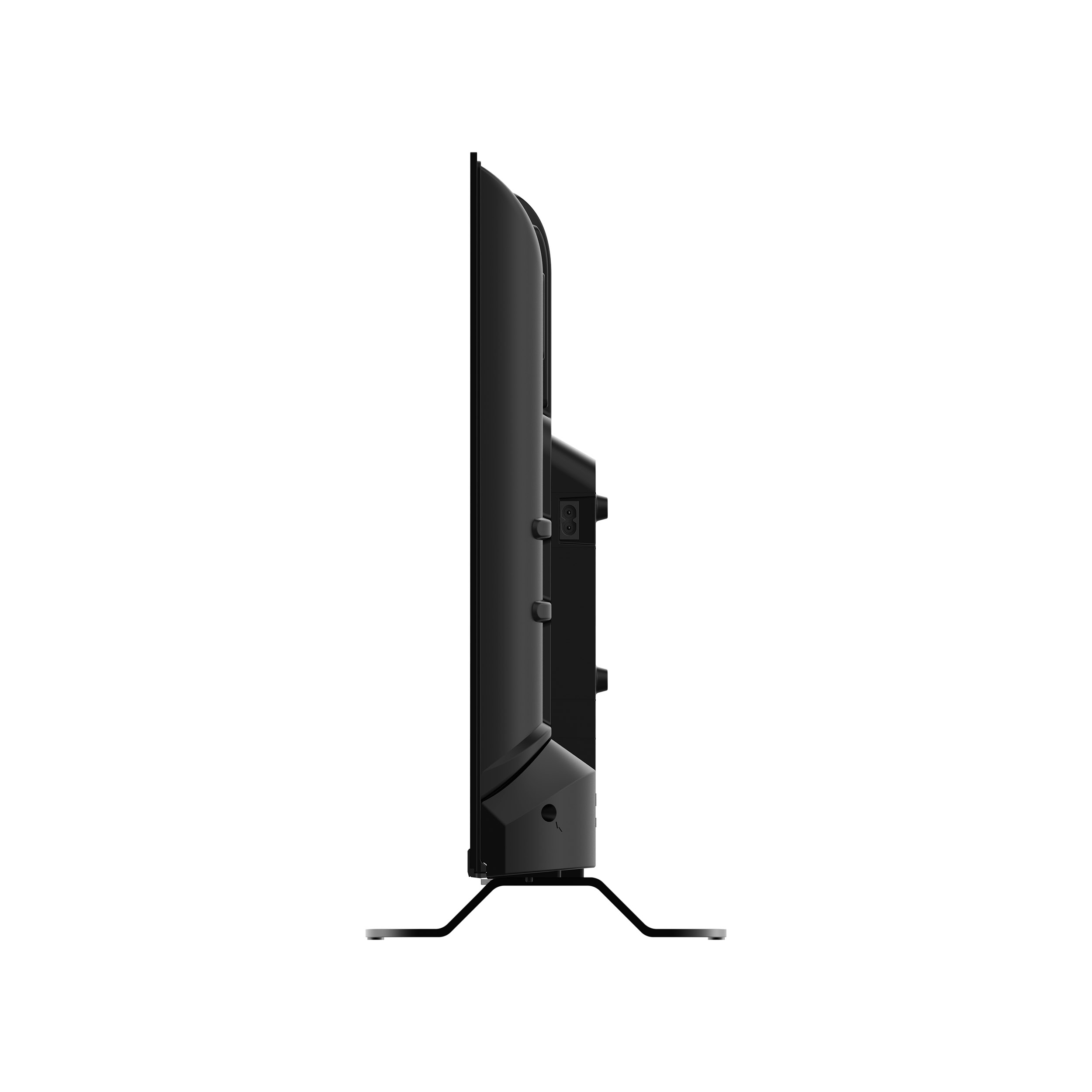 Widok z boku czarnego telewizora z zakrzywionym wzorem i srebrną podstawą, białe tło.