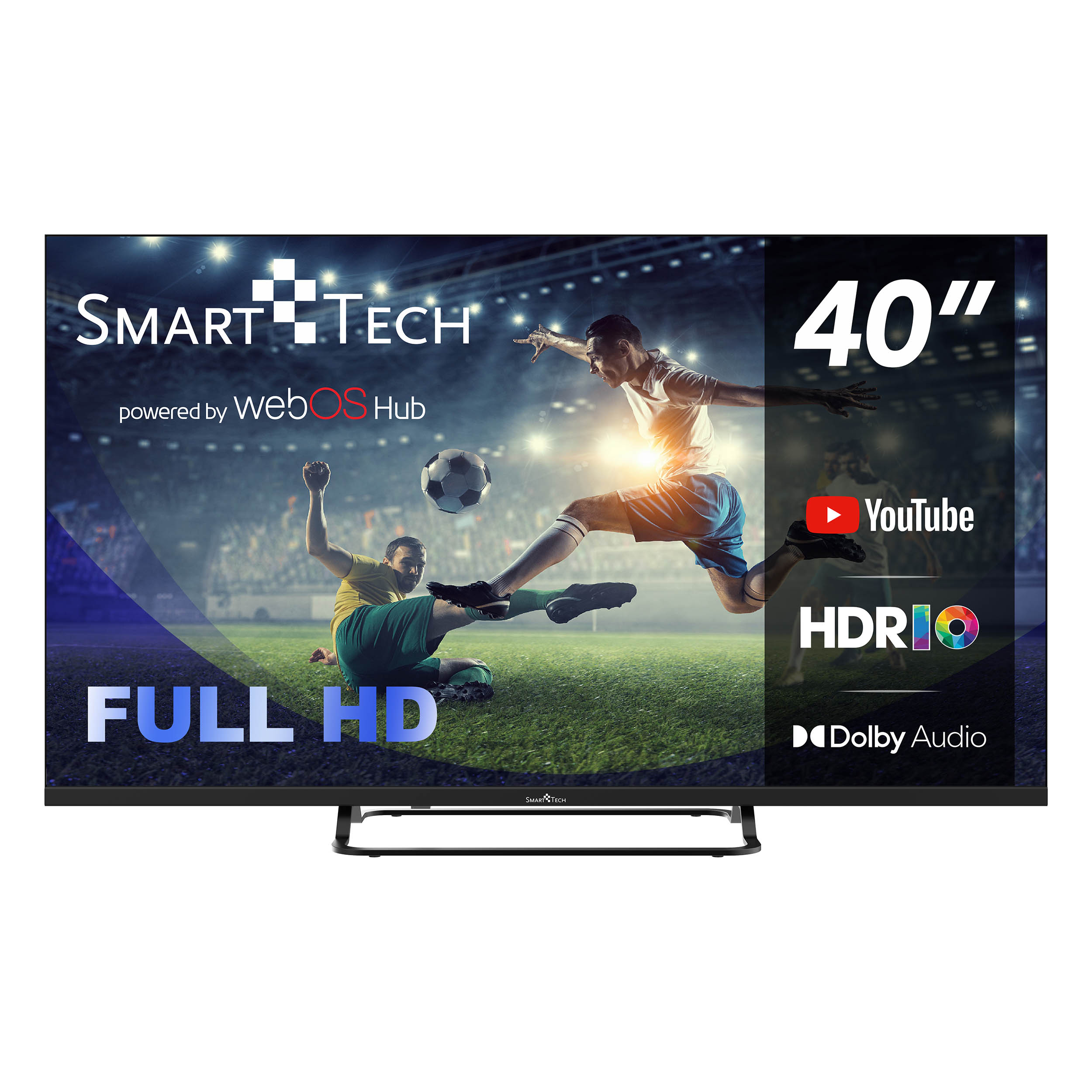 Telewizor Smart Tech 40" wyświetlający mecz piłki nożnej. Posiada YouTube, HDR10 i Dolby Audio.