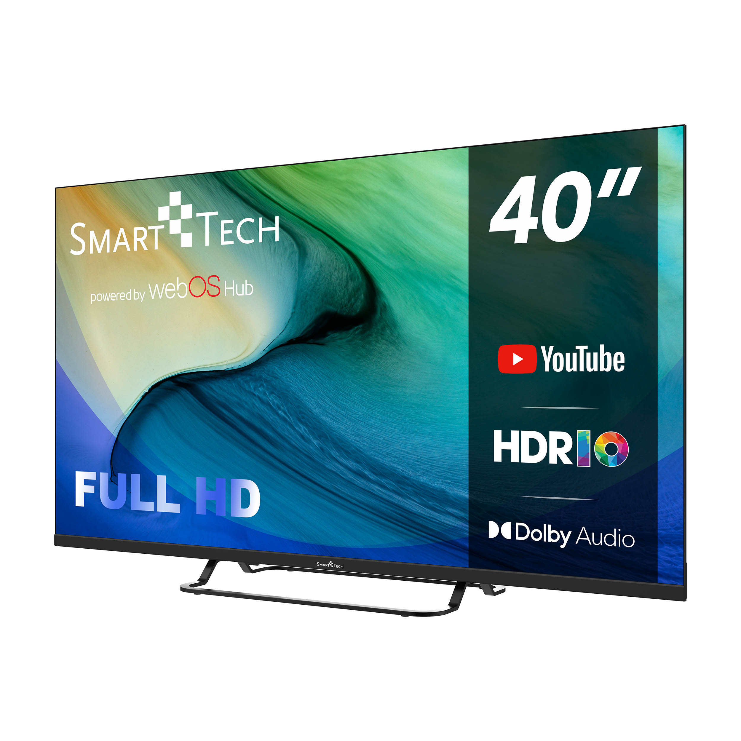 Duży 40-calowy telewizor z czarną ramką, pokazujący logo YouTube, HDR i Dolby Audio.