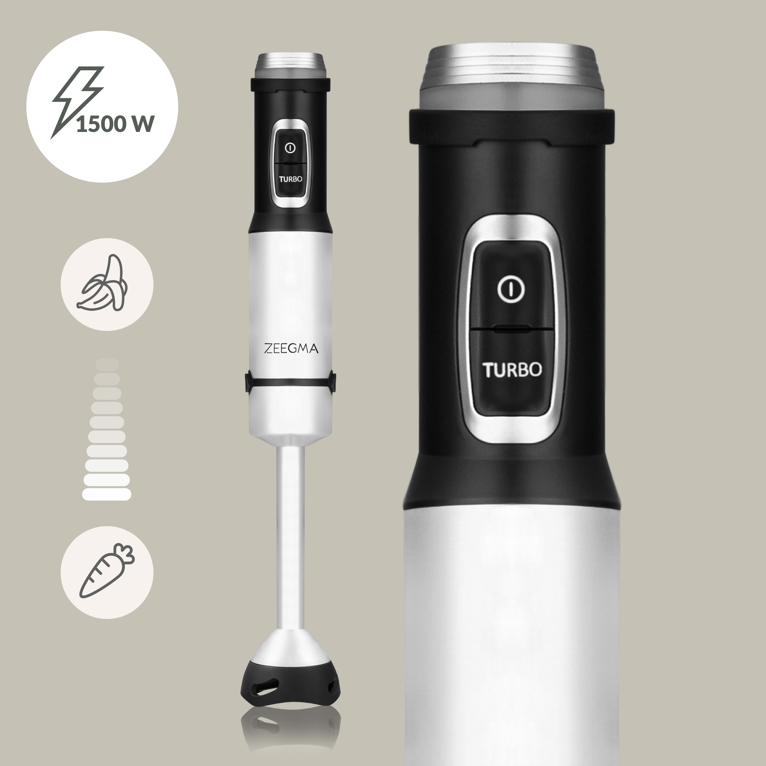 Een witte en zwarte Zeegma staafmixer met een turboknop en verschillende voedseliconen.