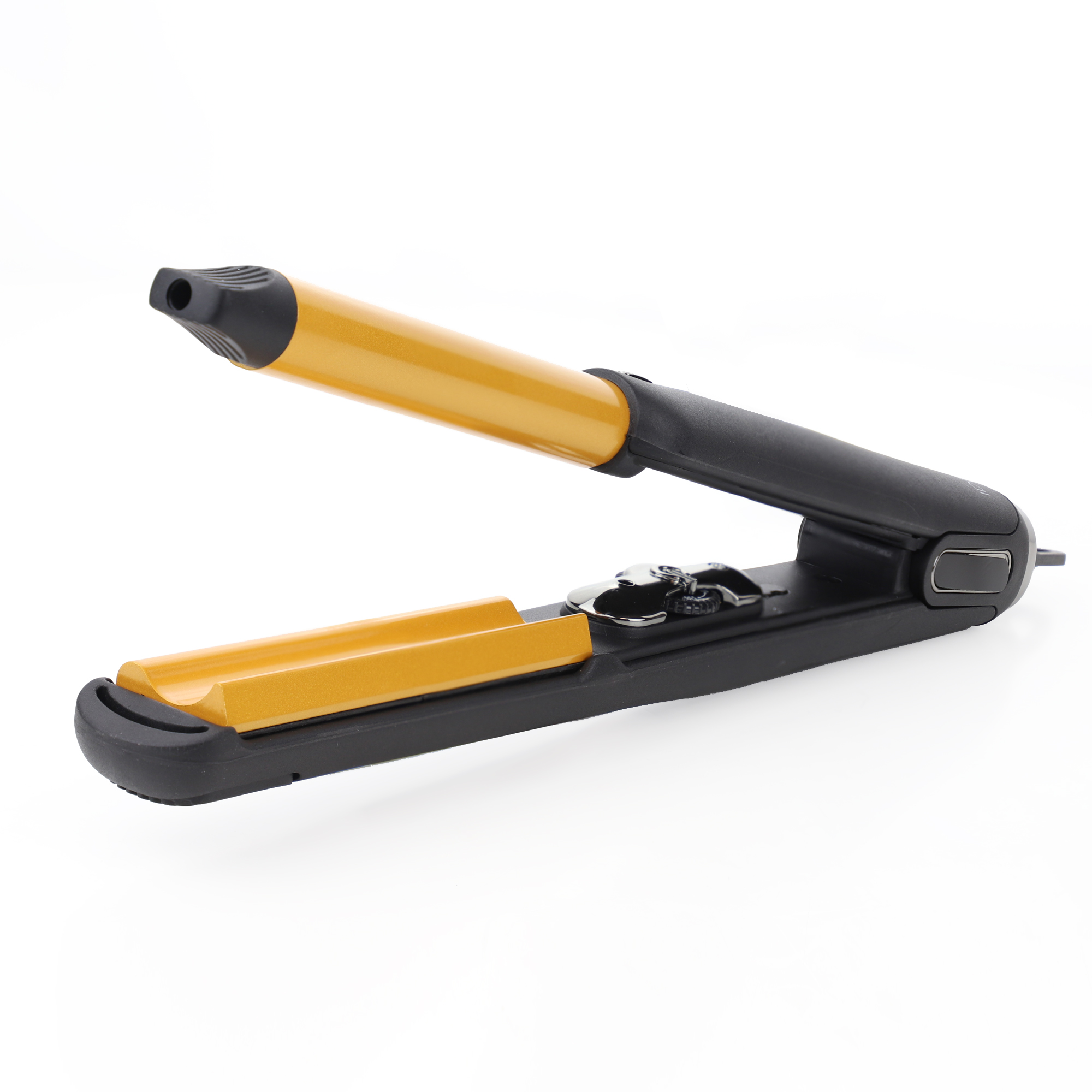 Prostownica do włosów, czarna ze złotymi płytkami, otwarta na białym tle. Dołączony kabel.