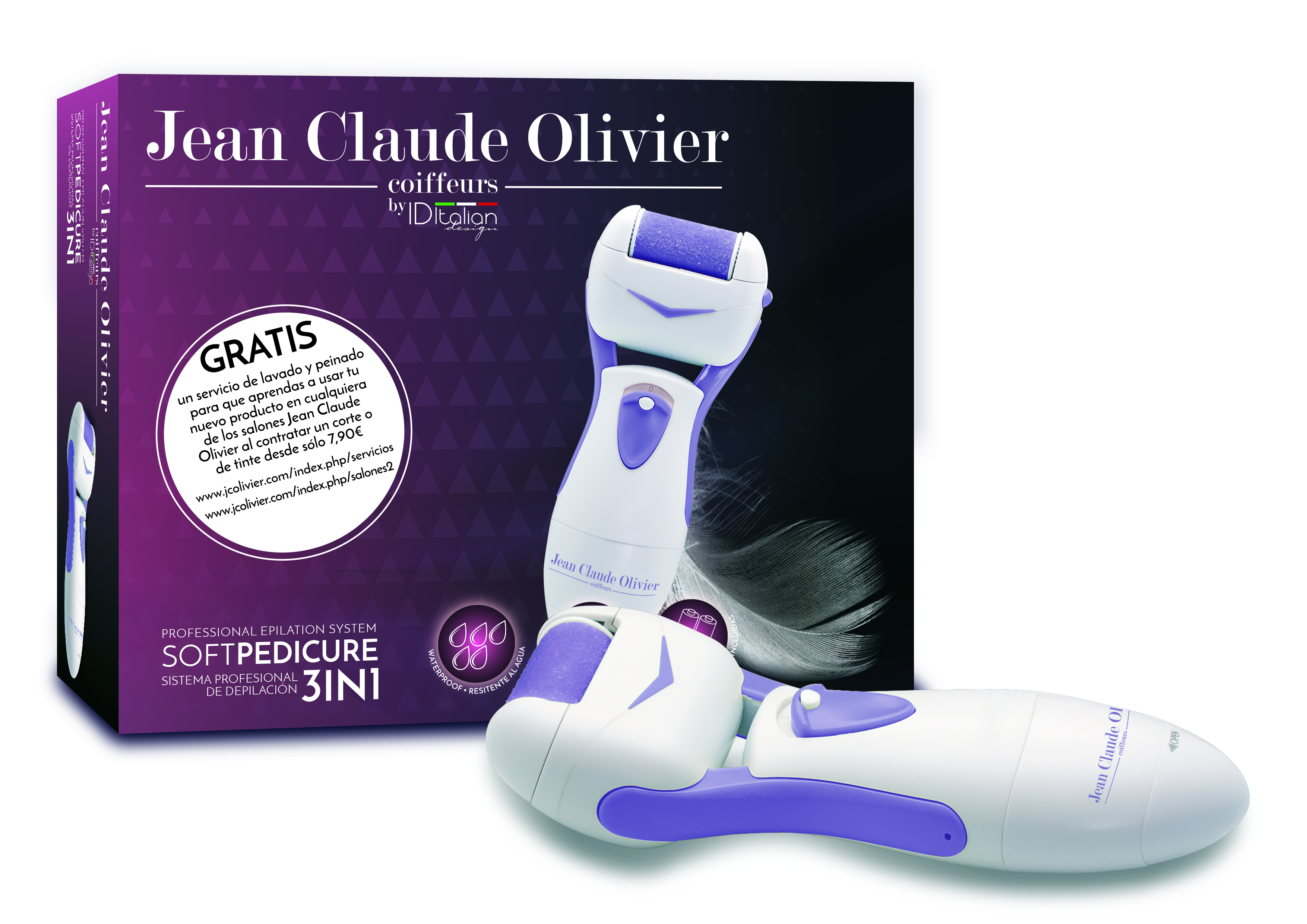 A white and purple foot care device with a box on the left side.