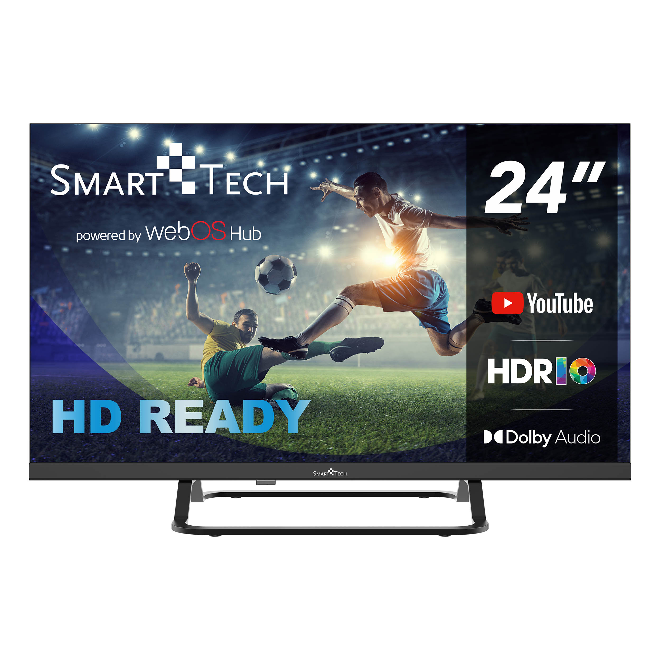 TV Smart Tech da 24" con una scena di calcio sullo schermo. Con YouTube, HDR e Dolby Audio.