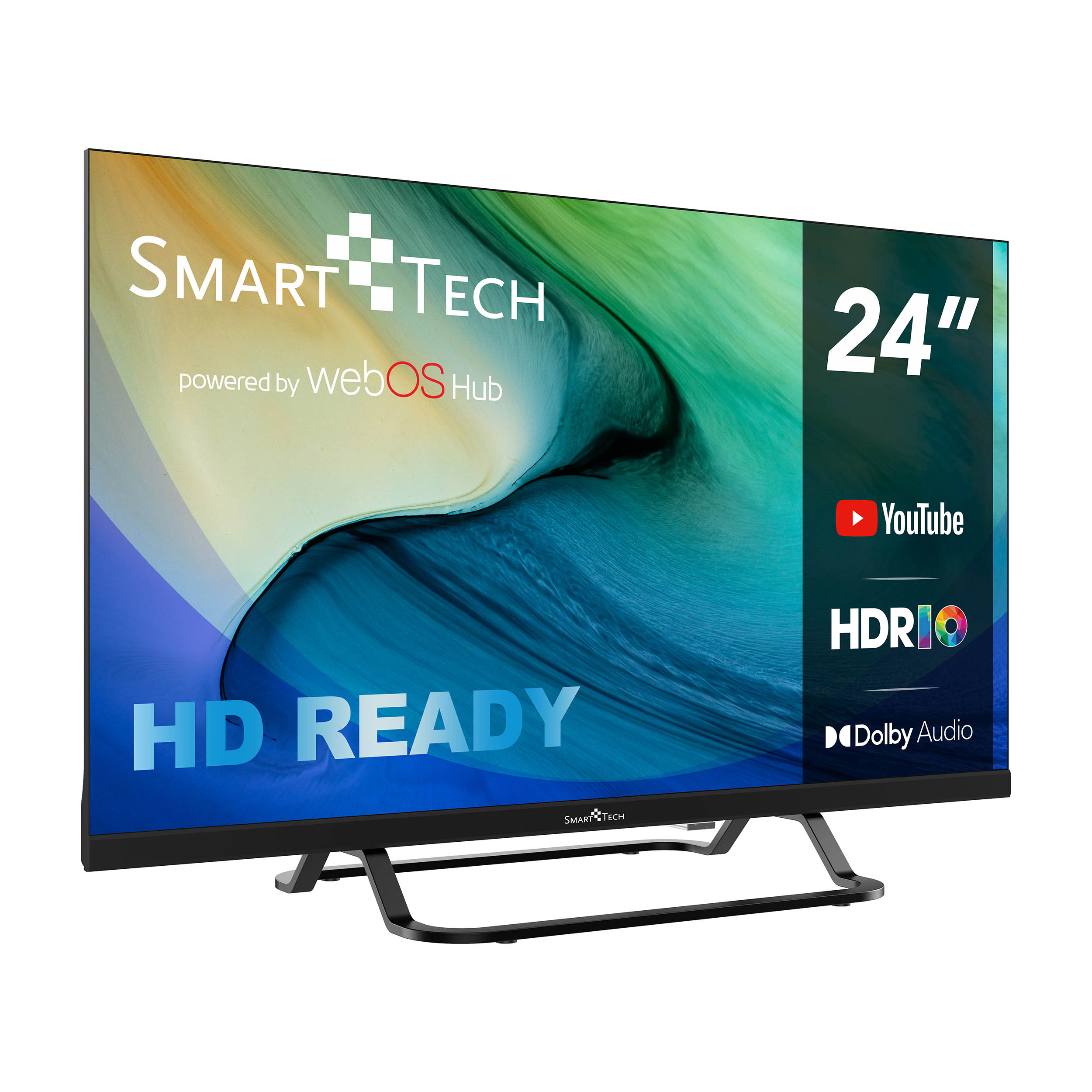 Un TV Smart Tech HD Ready da 24 pollici. Ha i loghi YouTube, HDR10 e Dolby Audio.