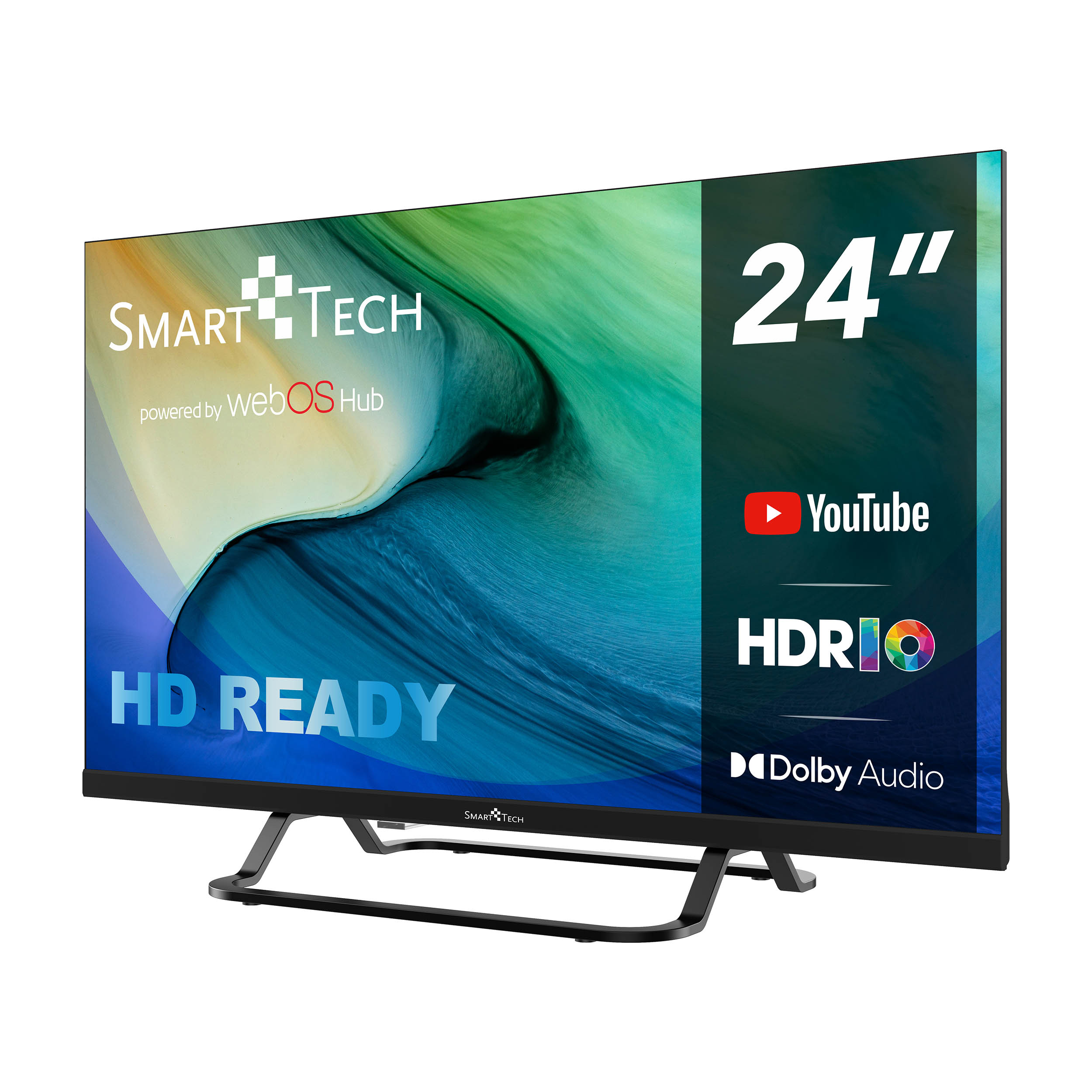 SmartTech TV. Cornice e supporto neri. Display con loghi YouTube e HDRi. Sfondo bianco.