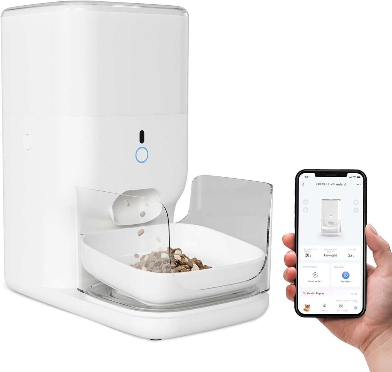 Dispensador automático de comida para mascotas que dispensa comida en un tazón, controlado a través de una aplicación de teléfono inteligente.