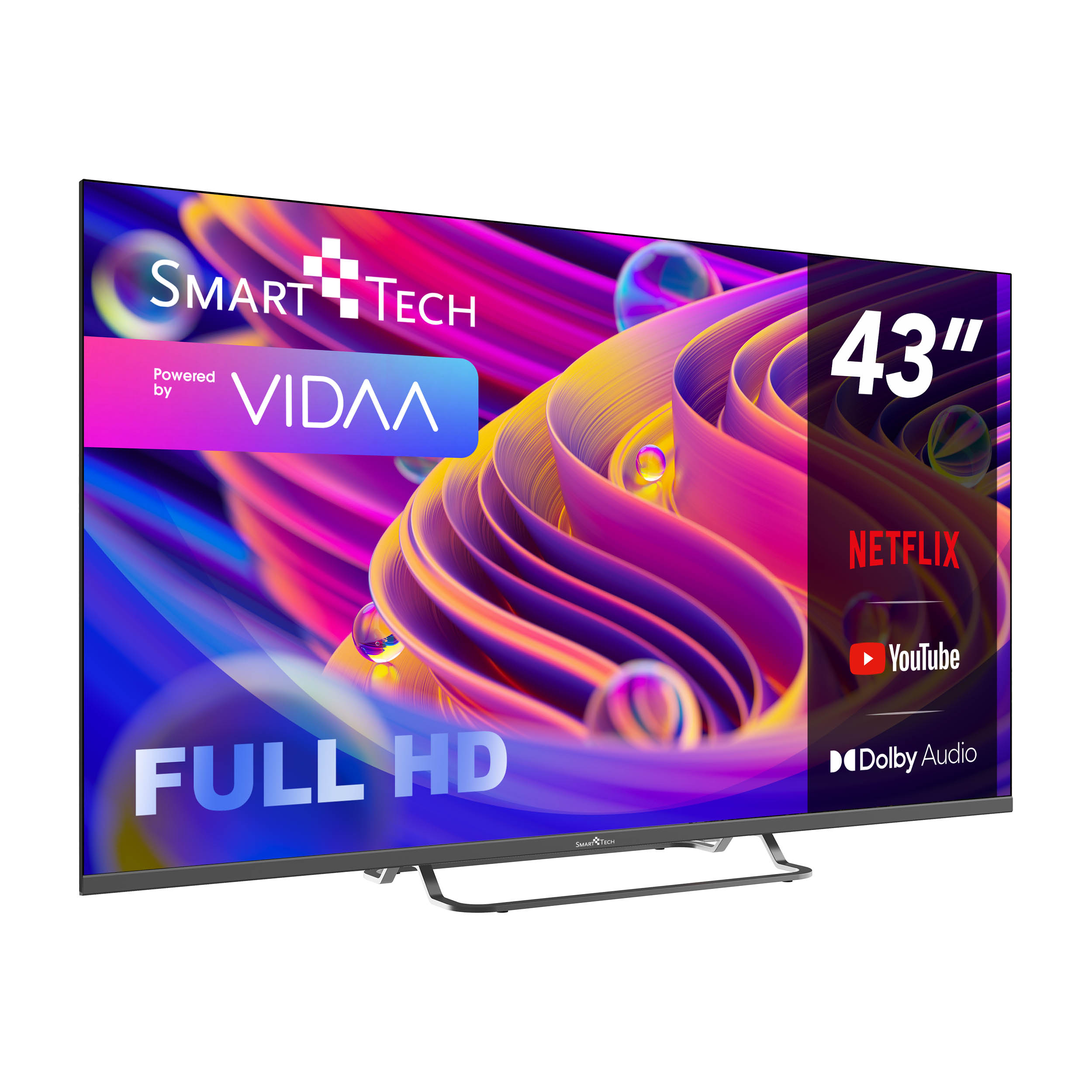 Un grande televisore a schermo piatto con le parole 'Full HD', 'Netflix' e 'YouTube' sullo schermo.