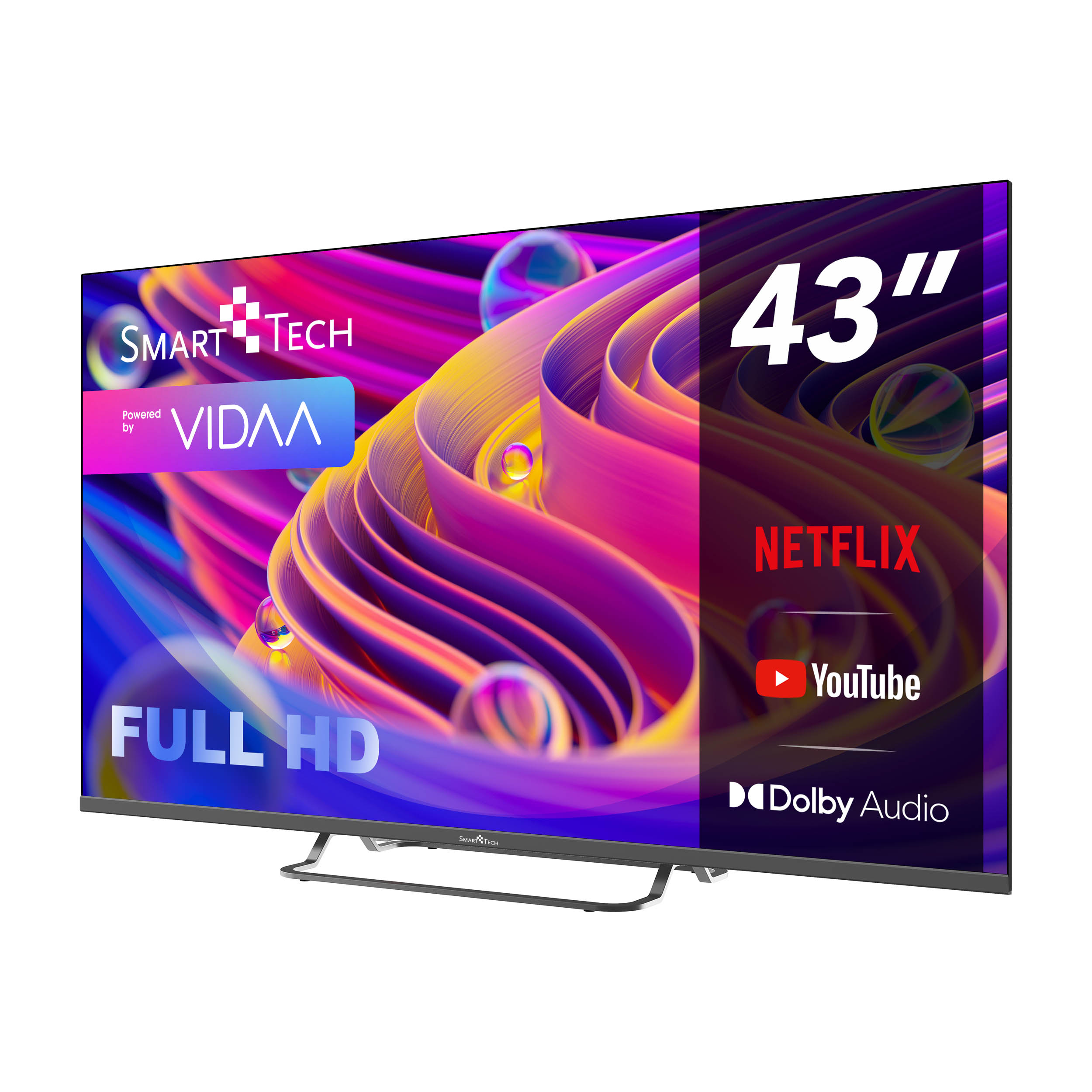 TV Smart Tech da 43 pollici con sfondo astratto colorato e loghi di app di streaming.