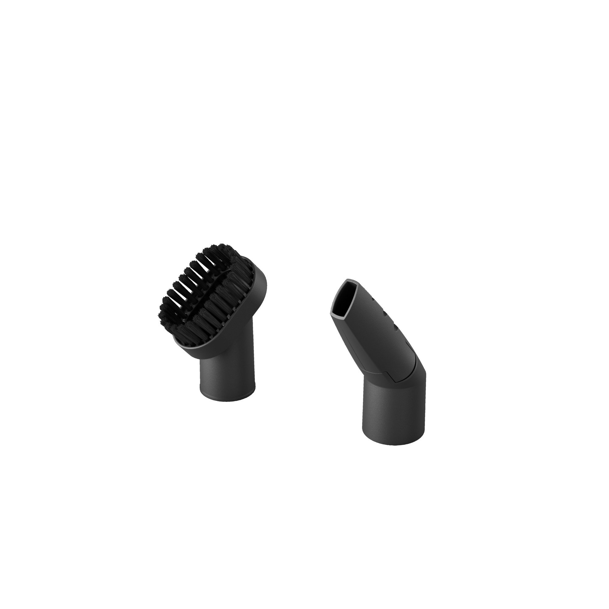 Dwie czarne końcówki do odkurzacza na czarnym tle, ze szczotką i ssawką szczelinową.