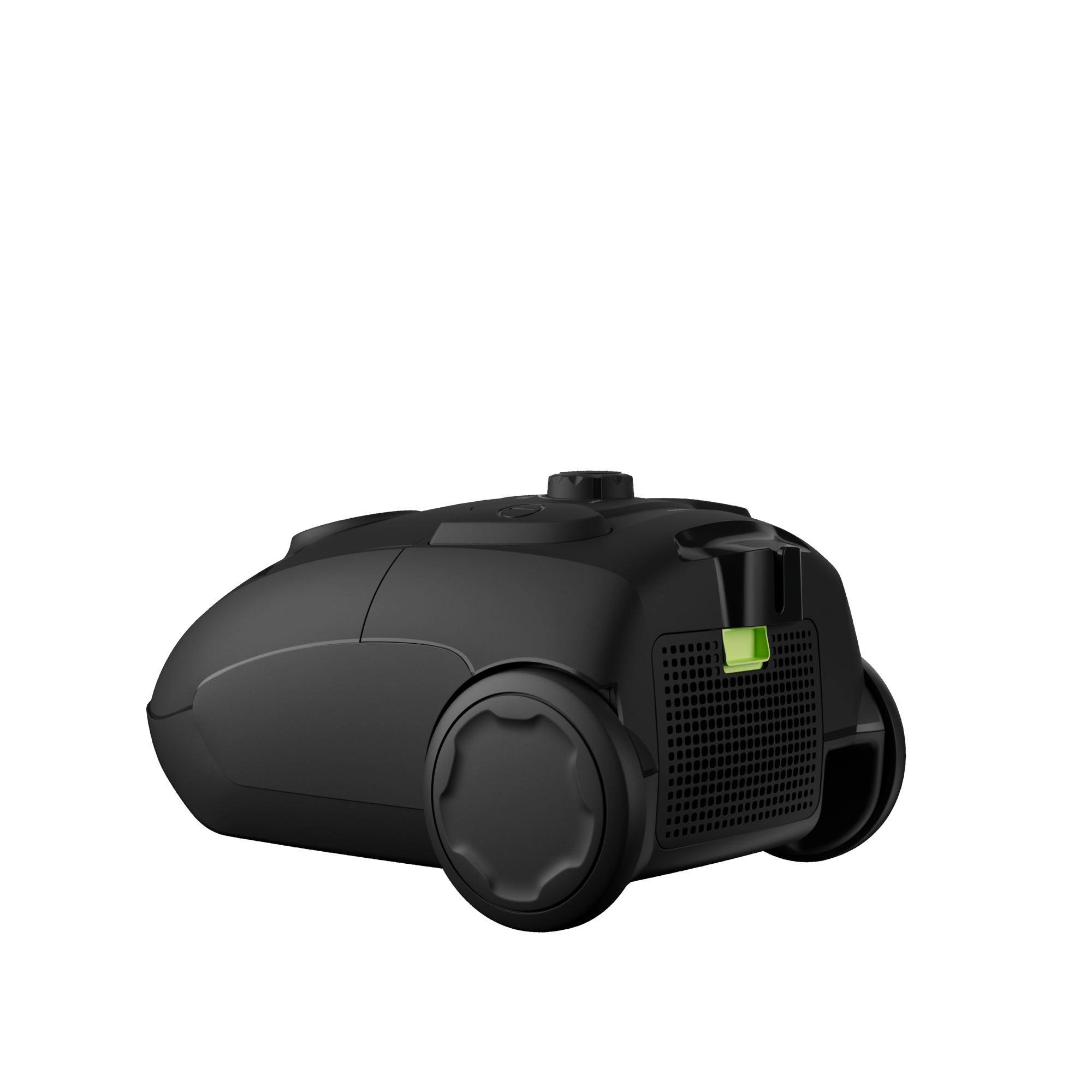 Czarny odkurzacz o zaokrąglonym kształcie z zielonym akcentem z boku.