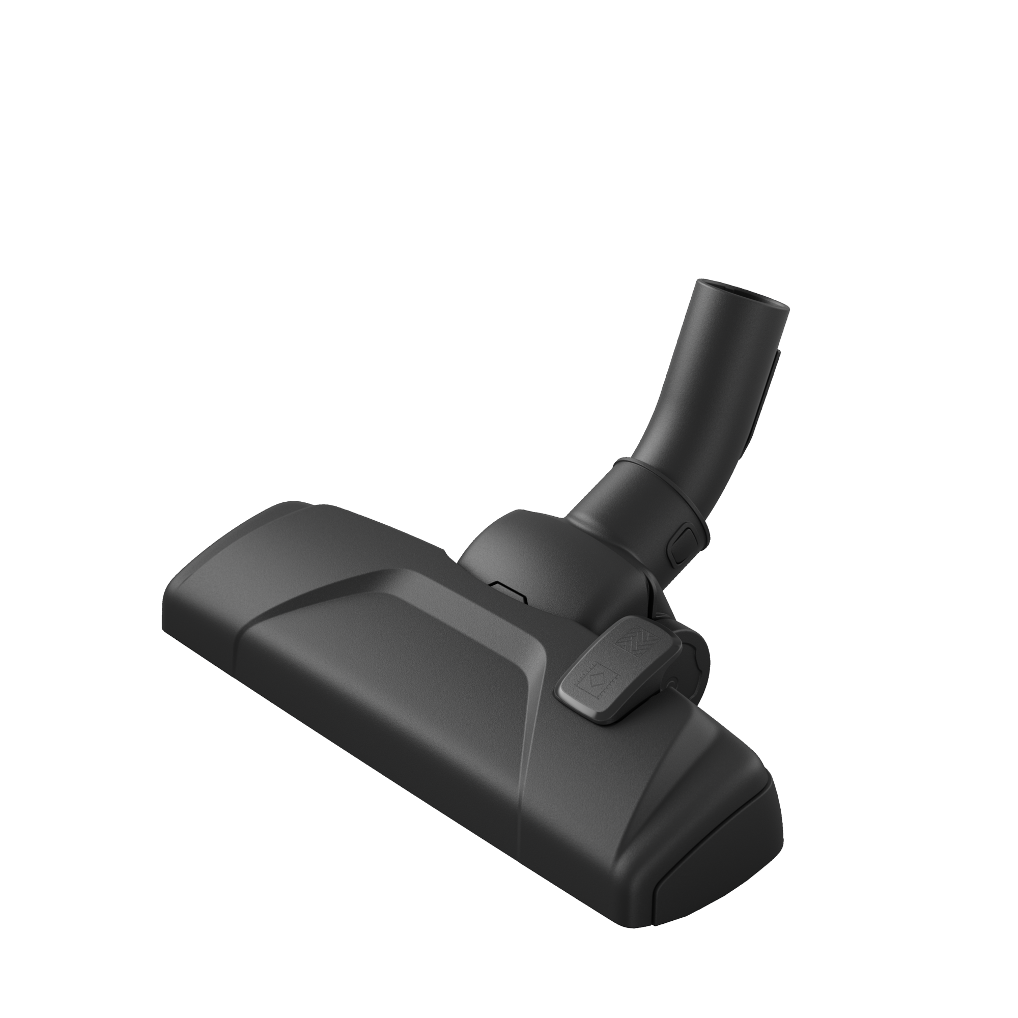 Czarny osprzęt do odkurzacza. Jest na czarnym tle. Głowica ma mechanizm obrotowy.