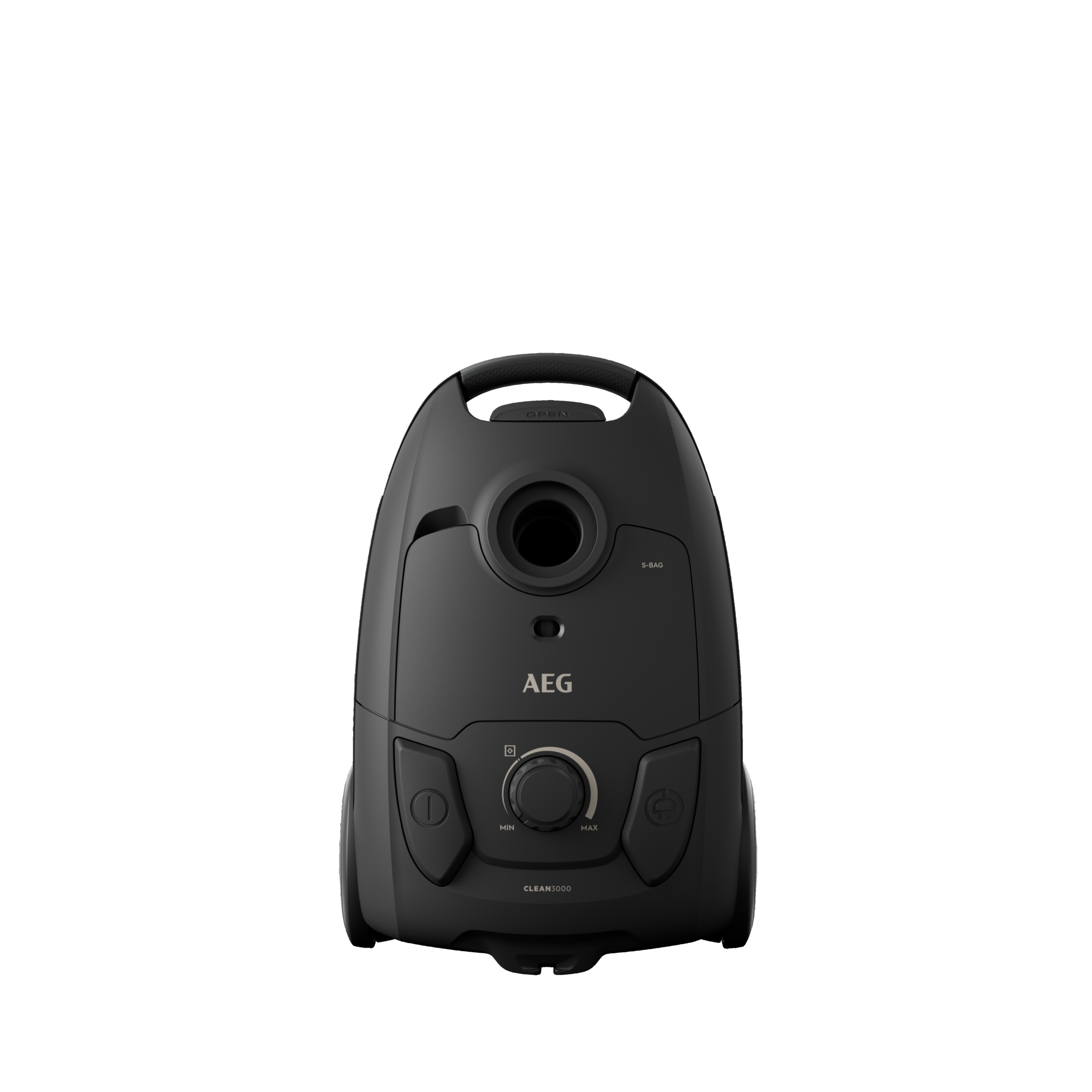 Czarny odkurzacz AEG z okrągłym korpusem i dwoma przyciskami.
