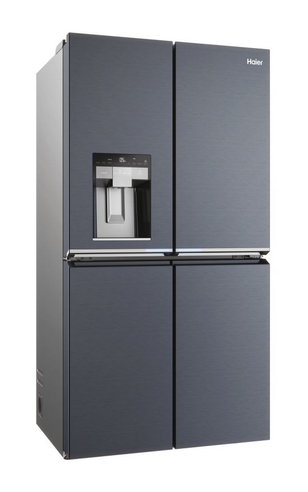 Un frigorifero Haier blu scuro con quattro porte e un distributore d'acqua.